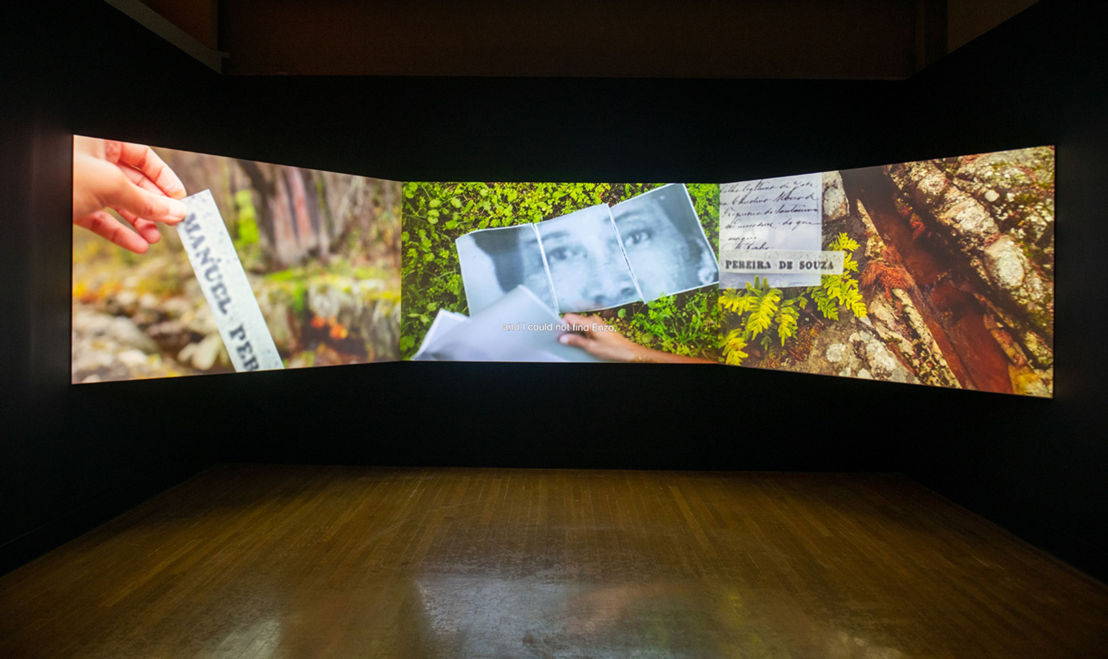 Aline Motta, Pontes sobre Abismos [Bridges over the Abyss], 2017. 8:28 min. Three-channel video installation, color, sound. Courtesy of the artist. Social Fabric: Art and Activism in Contemporary Brazil, installation view, Visual Arts Center, The University of Texas at Austin, September 23, 2022 – March 10, 2023. Photo: Sandy Carson