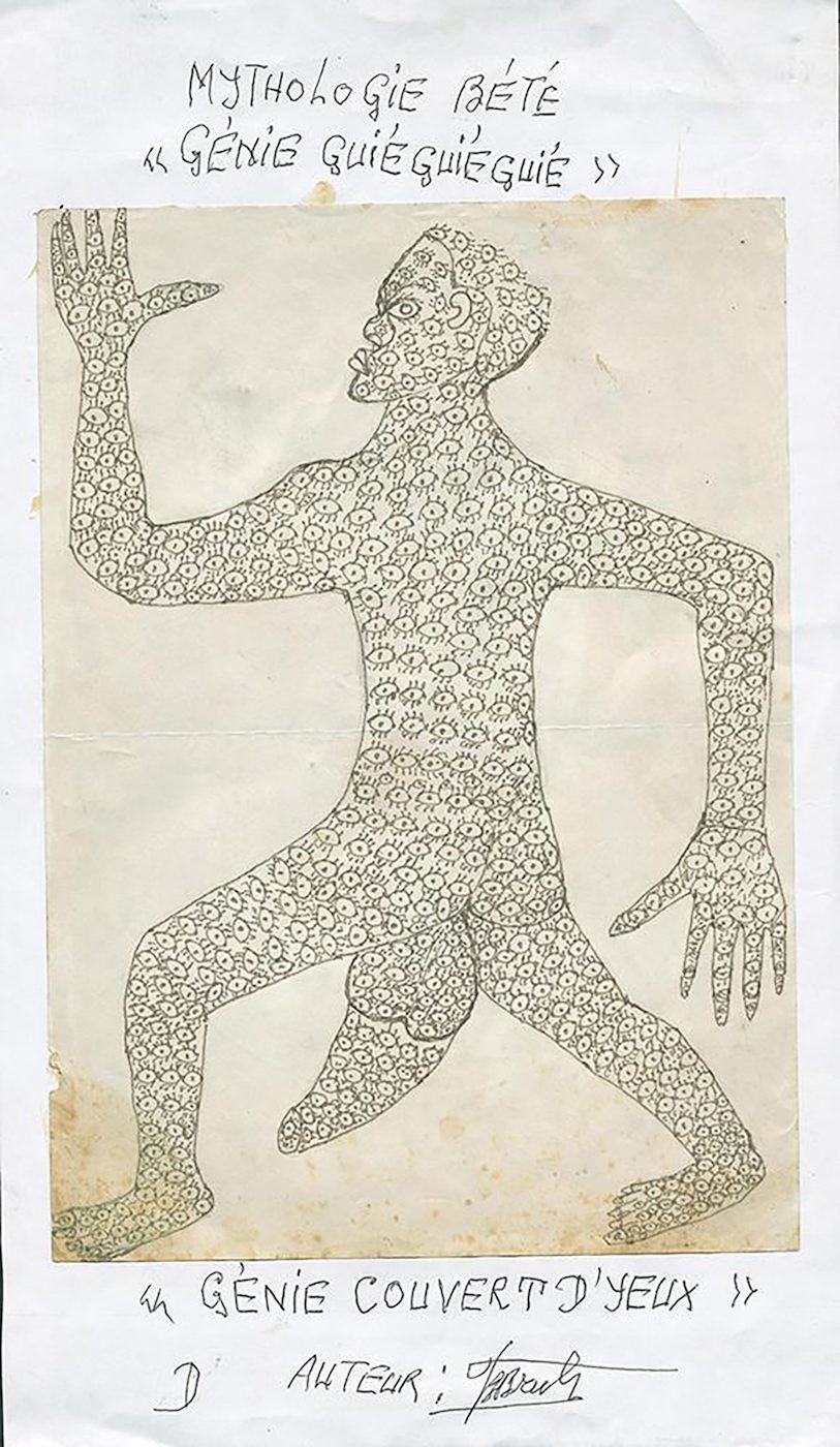 Frédéric Bruly Bouabré. Mythologie Bété « Génie guié guié guié » « Génie couvert d’yeux ». c. 1980. Ballpoint pen on laminated paper on cardboard, 16 ½ × 9 ⅝” (41.9 × 24.4 cm). Private collection, Paris. Courtesy André Magnin. © 2022 Family of Frédéric Bruly Bouabré