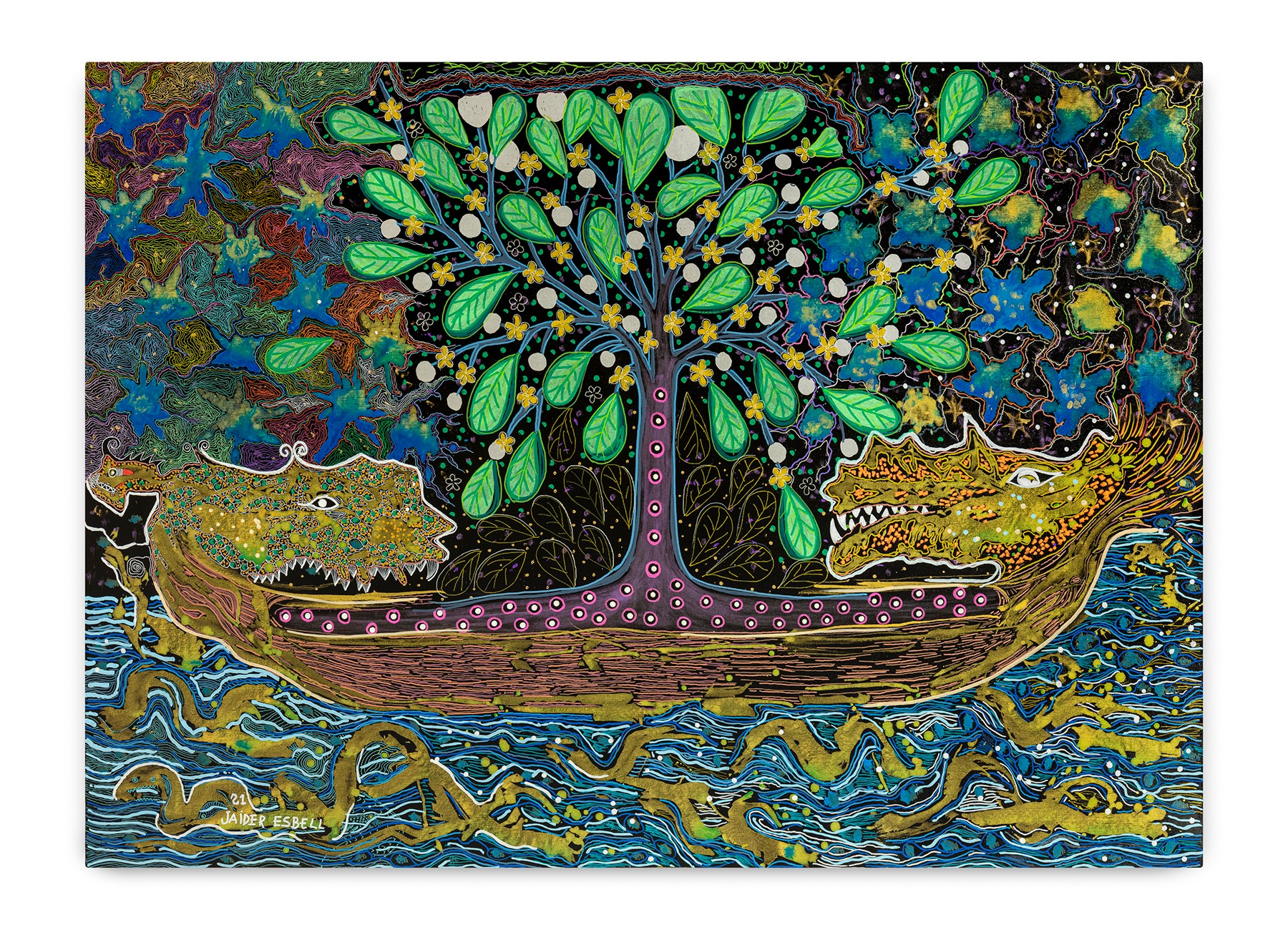Vibrant painting of a fruiting tree rooted in a boat with dragon heads at each end, floating on a patterned blue and gold sea beneath a dark, starry sky.