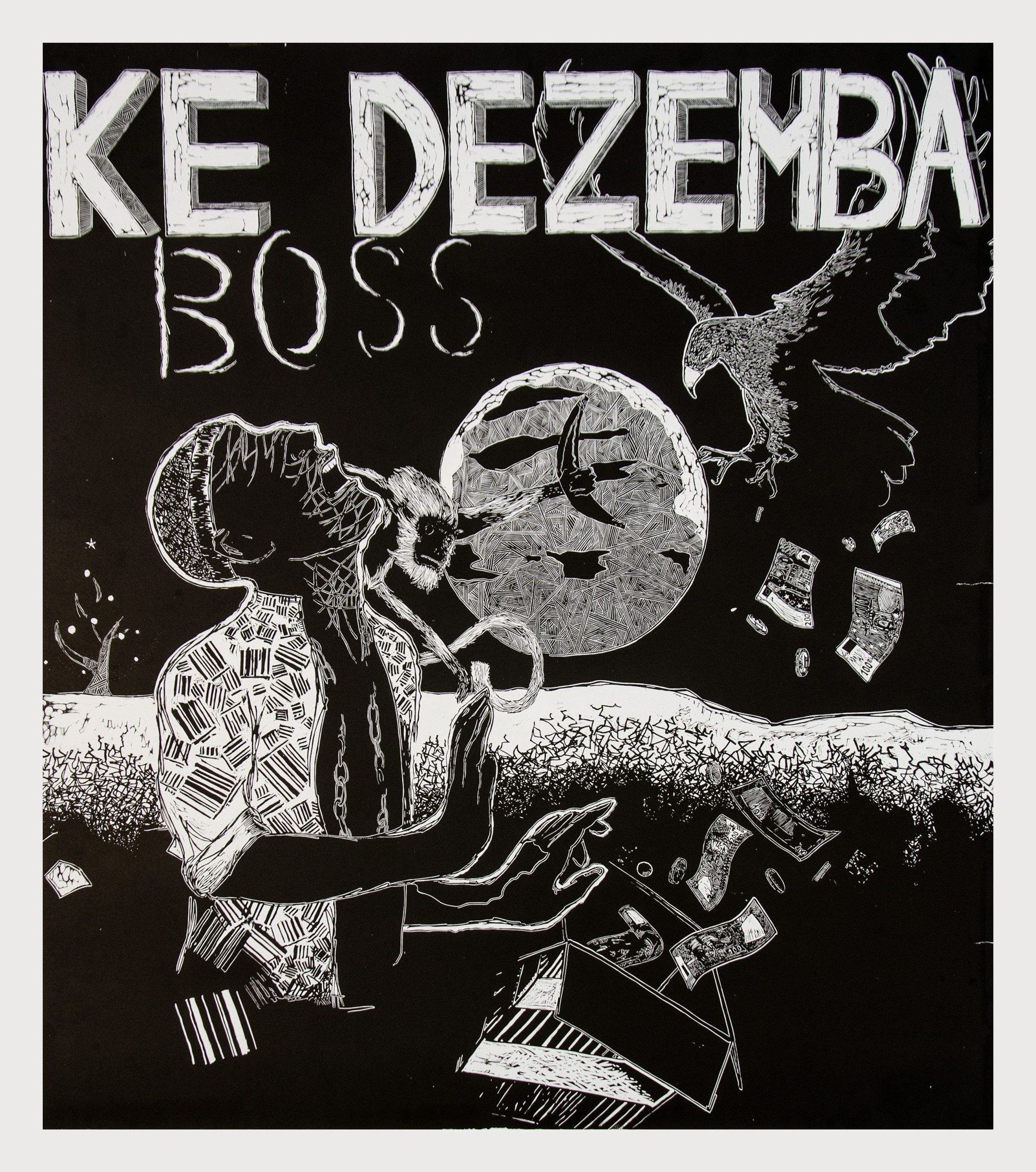 Nathaniel Sheppard, Ke Dezemba Boss, 2015, Linocut on paper, 103 × 88 cm, artist's collection, Weltkulturen Museum, Photo: Wolfgang Günzel
