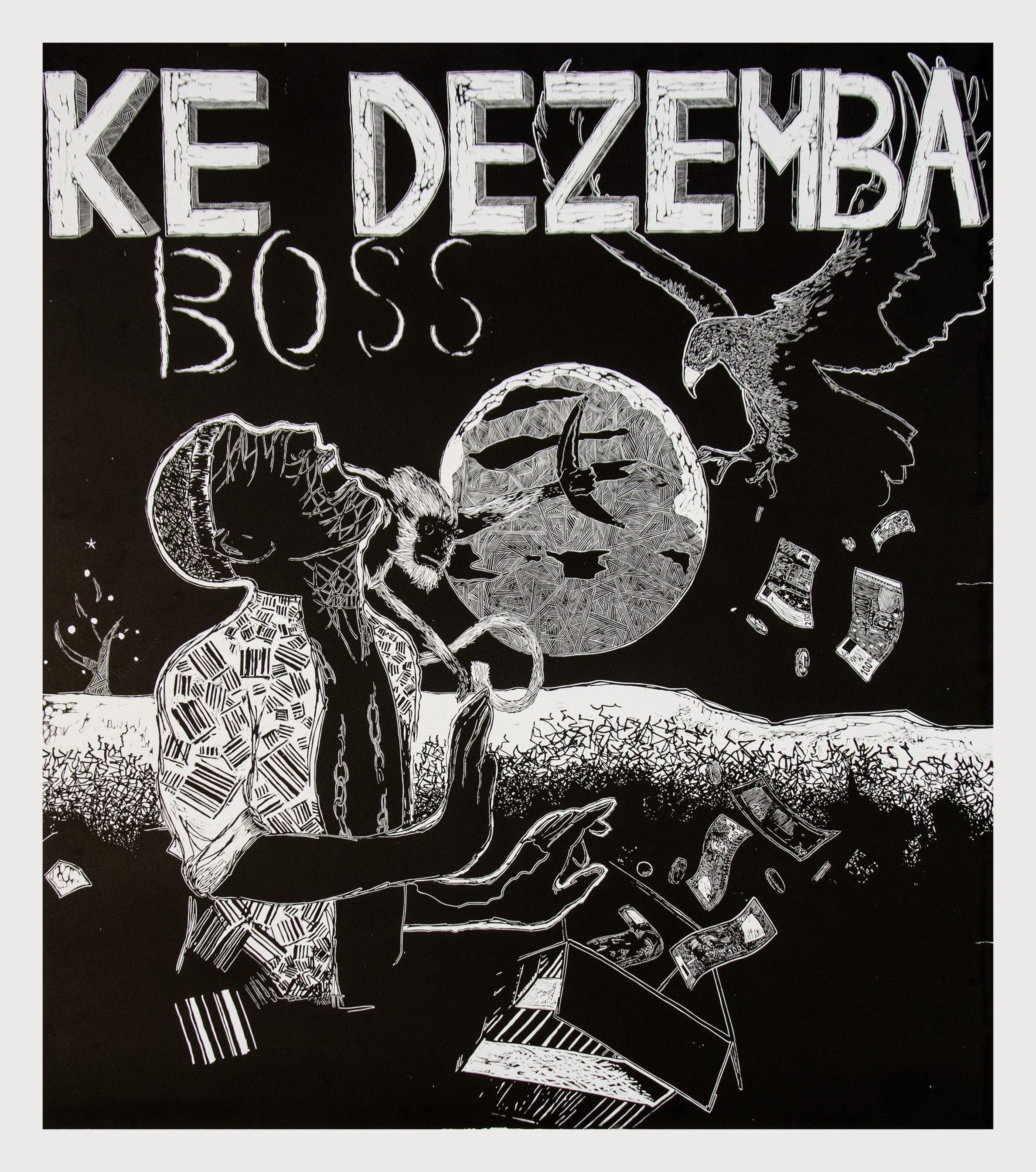 Nathaniel Sheppard, Ke Dezemba Boss, 2015, Linocut on paper, 103 × 88 cm, artist's collection, Weltkulturen Museum, Photo: Wolfgang Günzel