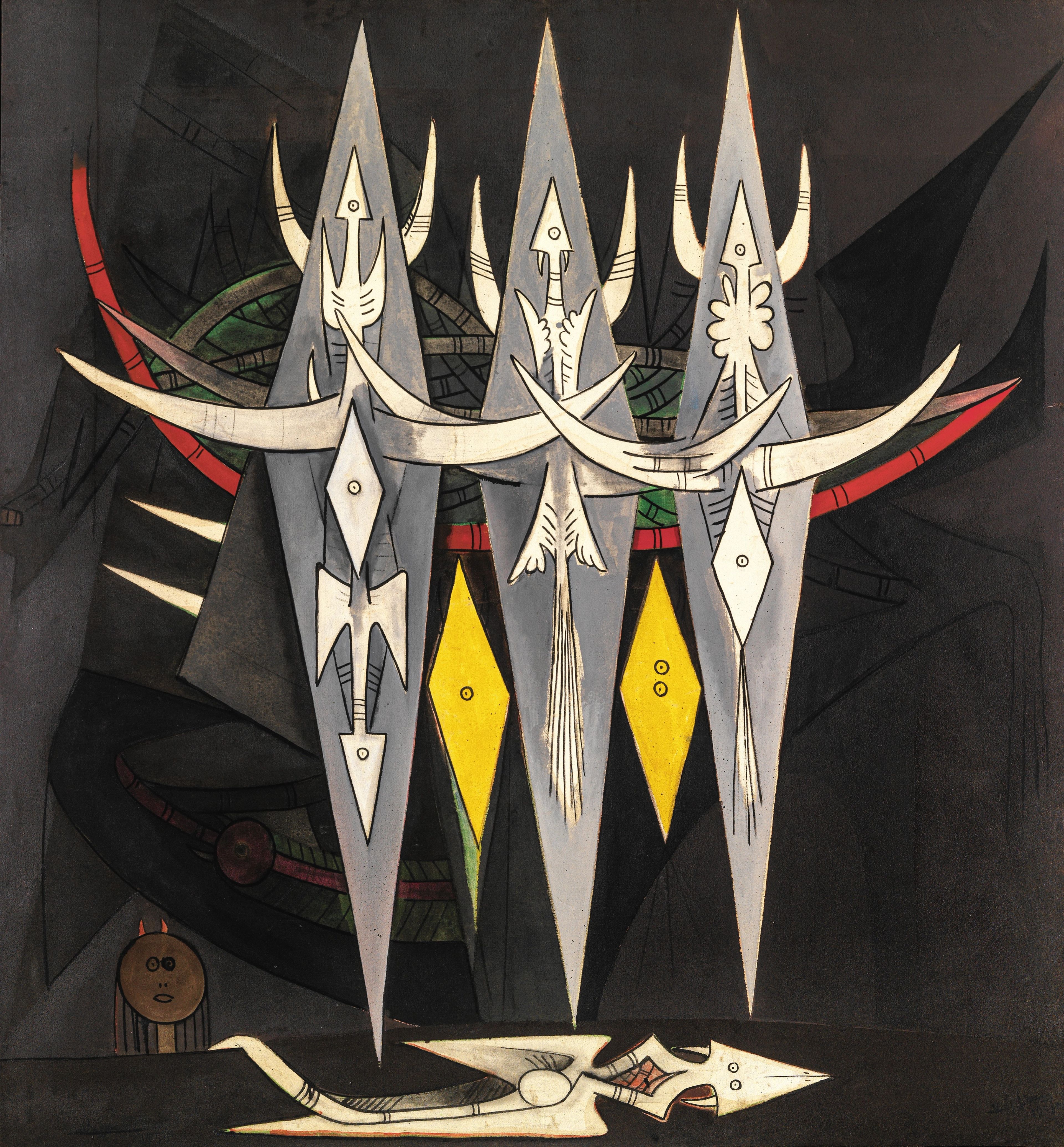 Surreal painting featuring three vertical gray blade-like forms adorned with white abstract figures and horns, above yellow diamonds. A white serpent-like creature and a small round figure are at the bottom, with a large dark boat in the background.