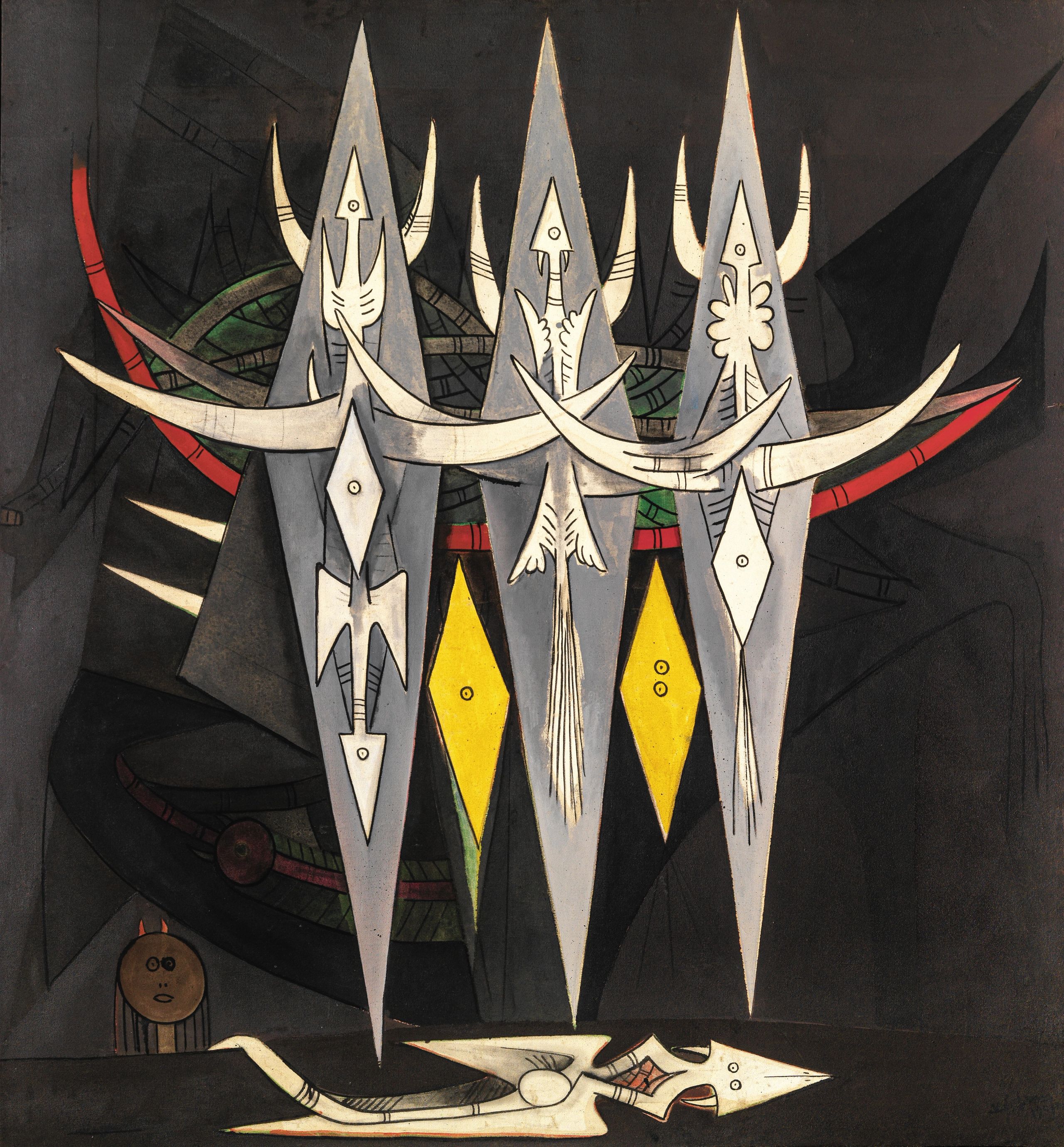 Surreal painting featuring three vertical gray blade-like forms adorned with white abstract figures and horns, above yellow diamonds. A white serpent-like creature and a small round figure are at the bottom, with a large dark boat in the background.