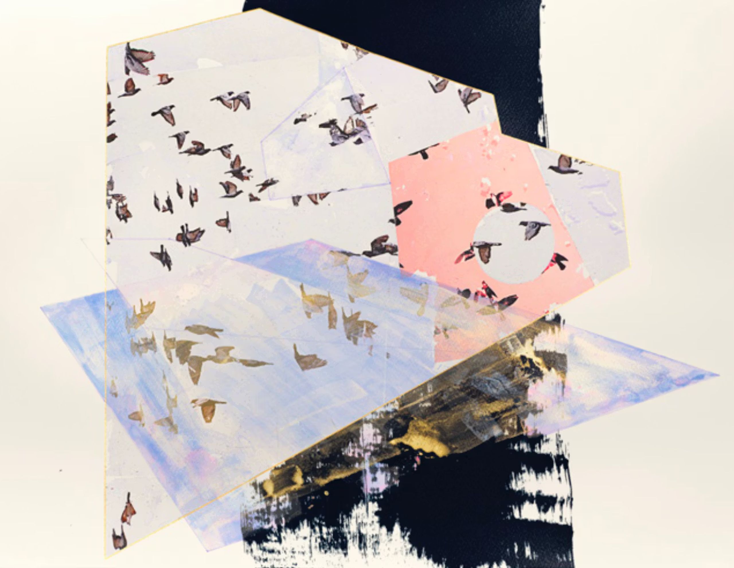 Abstract collage artwork with layers of geometric shapes, including flying birds on pink, white, and blue backgrounds, accented by a dark brushstroke with gold.