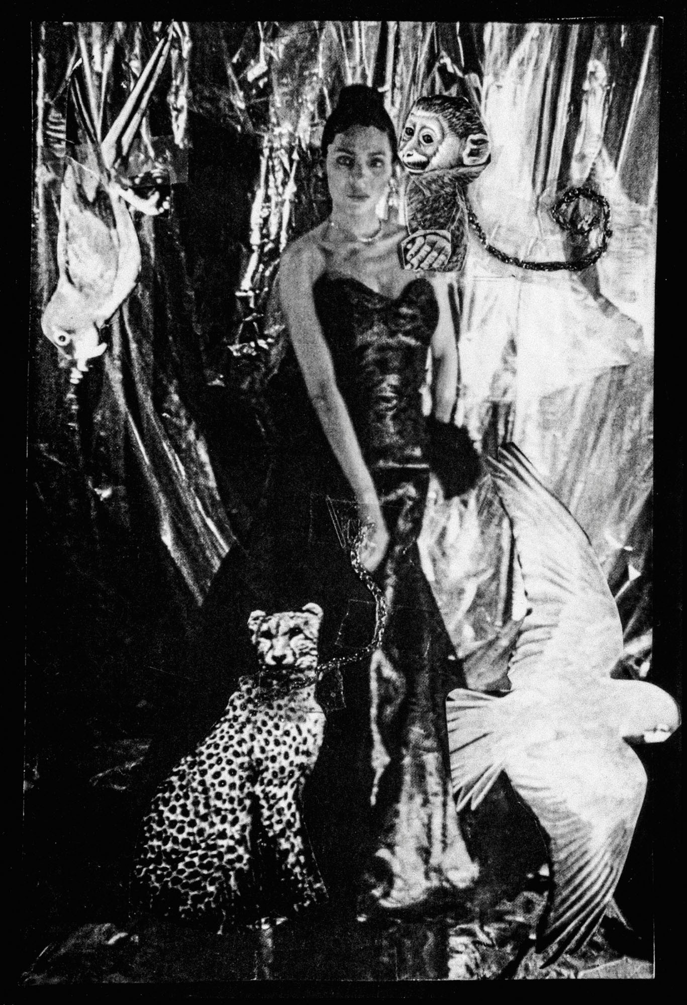 Monochromatic collage of a woman in a dark gown holding a leashed cheetah, with a monkey on her shoulder, and two birds nearby.