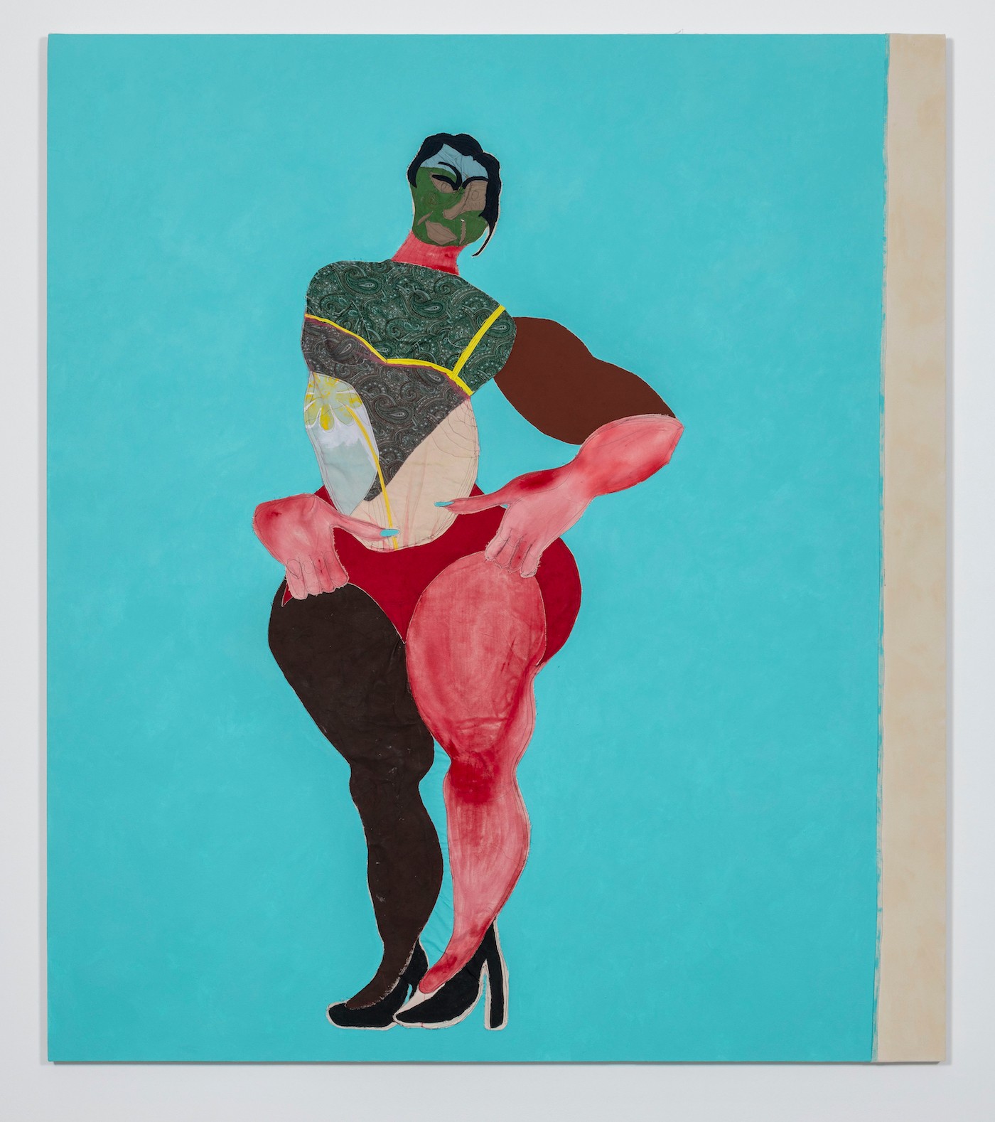 Tschabalala Self, »Leotard«, 2019. Fabric, painted paper and acrylic on canvas, 243.8 x 213.4 cm. Courtesy of the artist and Pilar Corrias, London.