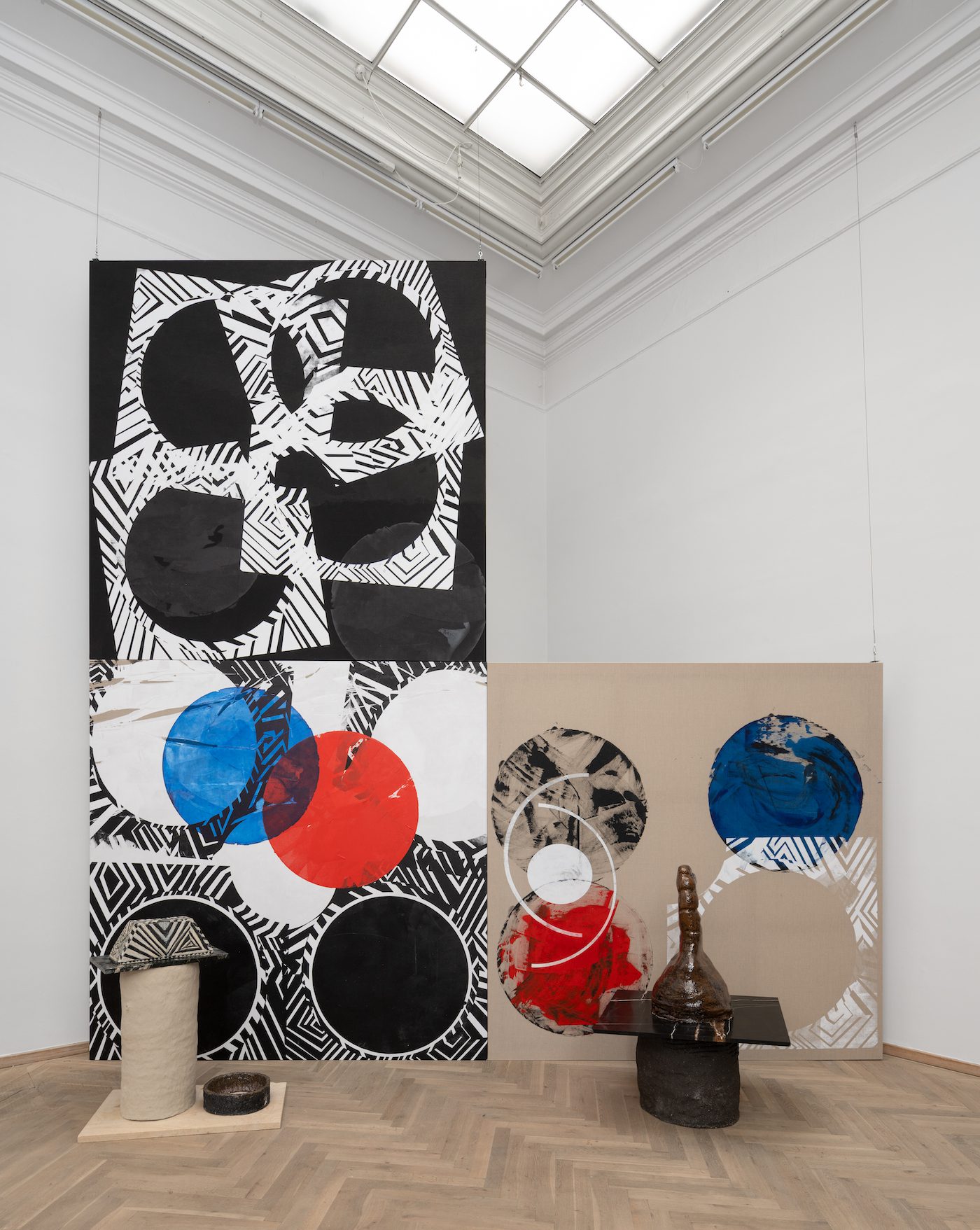 Brook Andrew, Ngaay Ngajuu Dhugul Birra (To See My Skin Broken), 2022. Seeing time X, 2021. Seeing time XI, 2021. Seeing time XII, 2021. Muraymin 2, 2022. Gaban, 2022. Installation view, Seeds and Souls, Kunsthal Charlottenborg, 2023. Courtesy of the artist and Galerie Nathalie Obadia, Paris/Bruxelles. Photo by David Stjernholm.