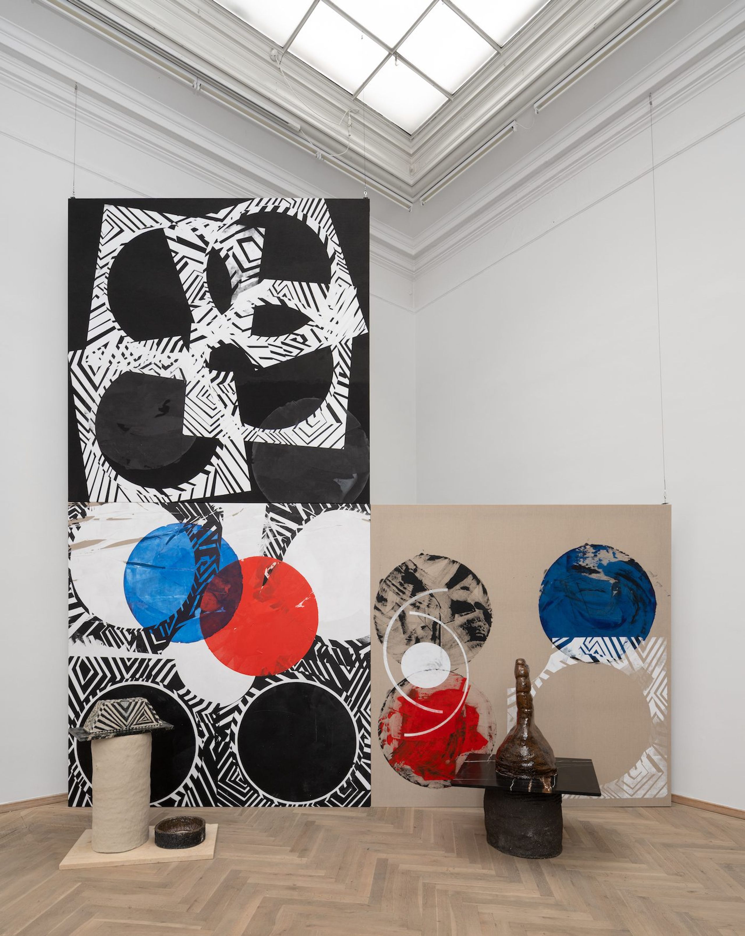 Brook Andrew, Ngaay Ngajuu Dhugul Birra (To See My Skin Broken), 2022. Seeing time X, 2021. Seeing time XI, 2021. Seeing time XII, 2021. Muraymin 2, 2022. Gaban, 2022. Installation view, Seeds and Souls, Kunsthal Charlottenborg, 2023. Courtesy of the artist and Galerie Nathalie Obadia, Paris/Bruxelles. Photo by David Stjernholm.