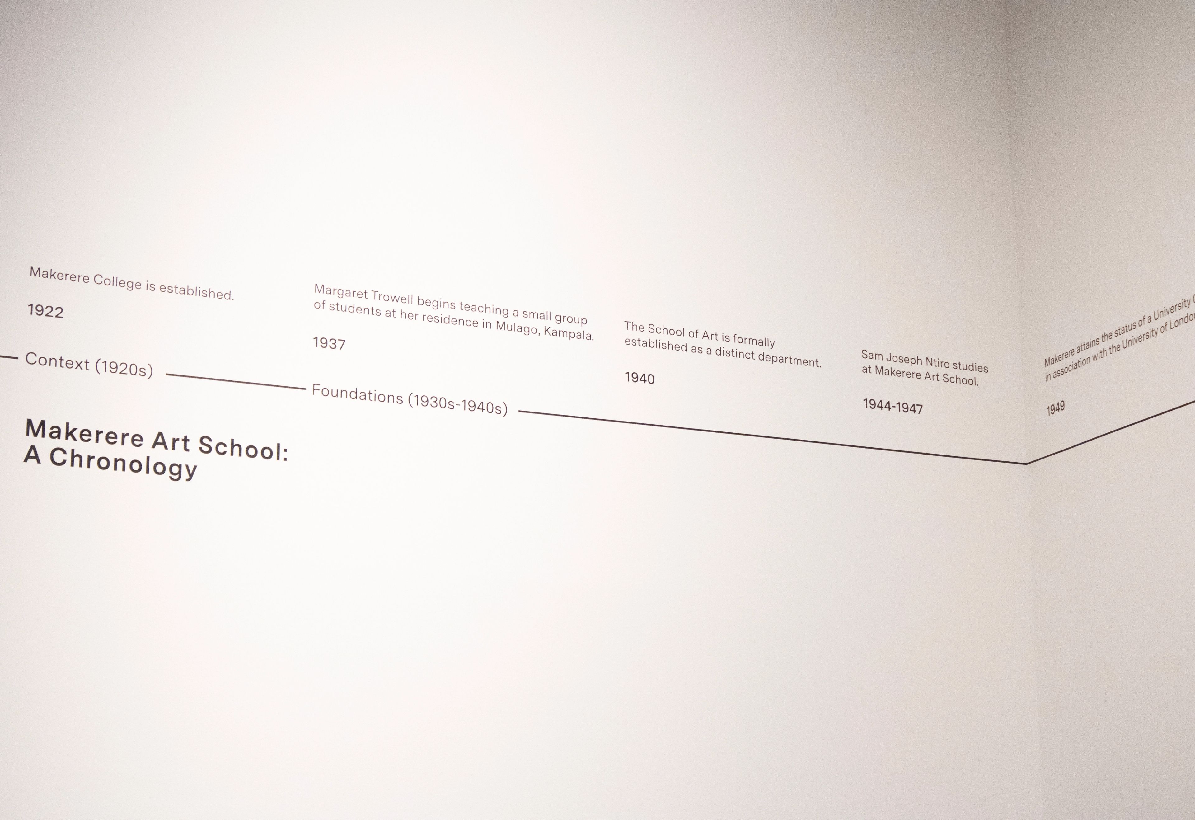 A wall display showing a timeline titled "Makerere Art School: A Chronology" with key historical dates and events.