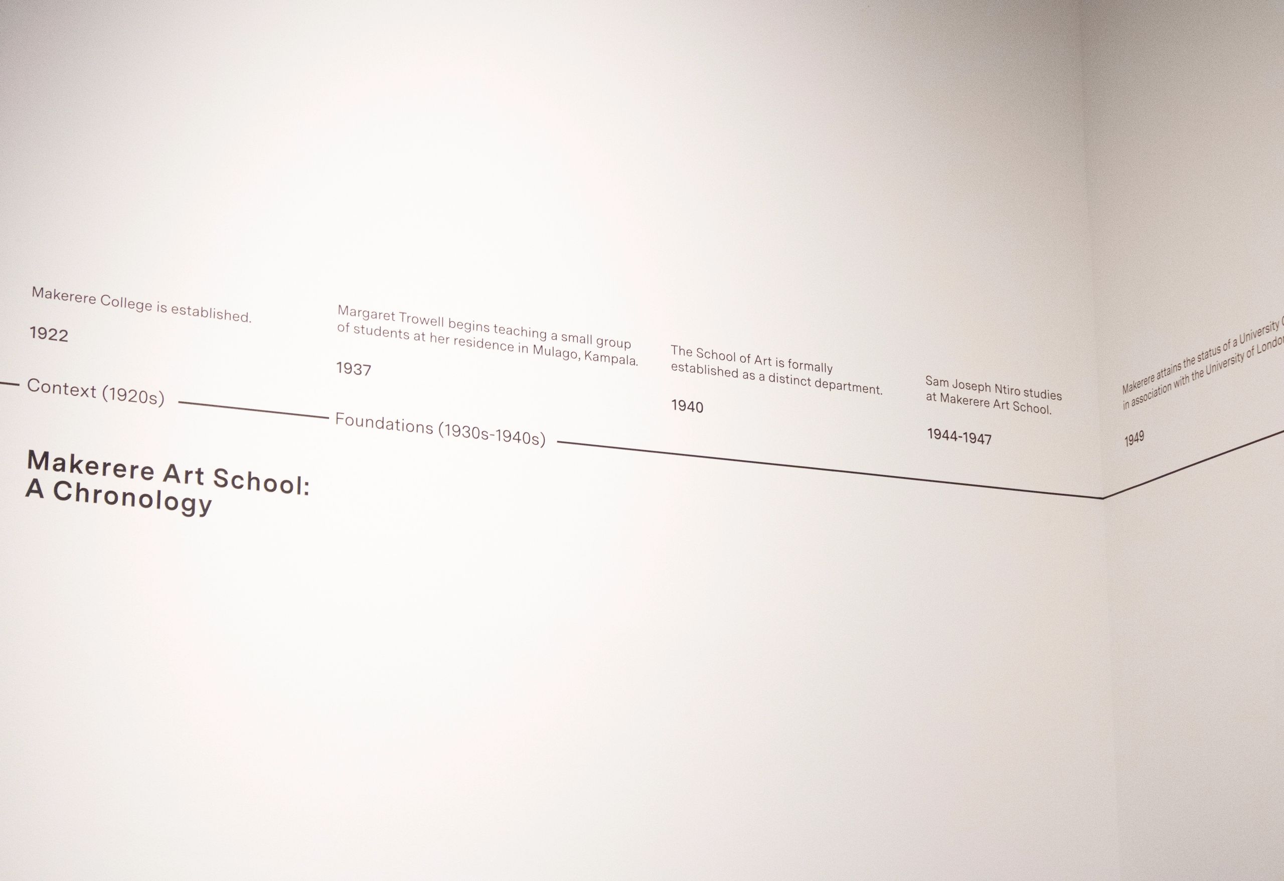 A wall display showing a timeline titled "Makerere Art School: A Chronology" with key historical dates and events.