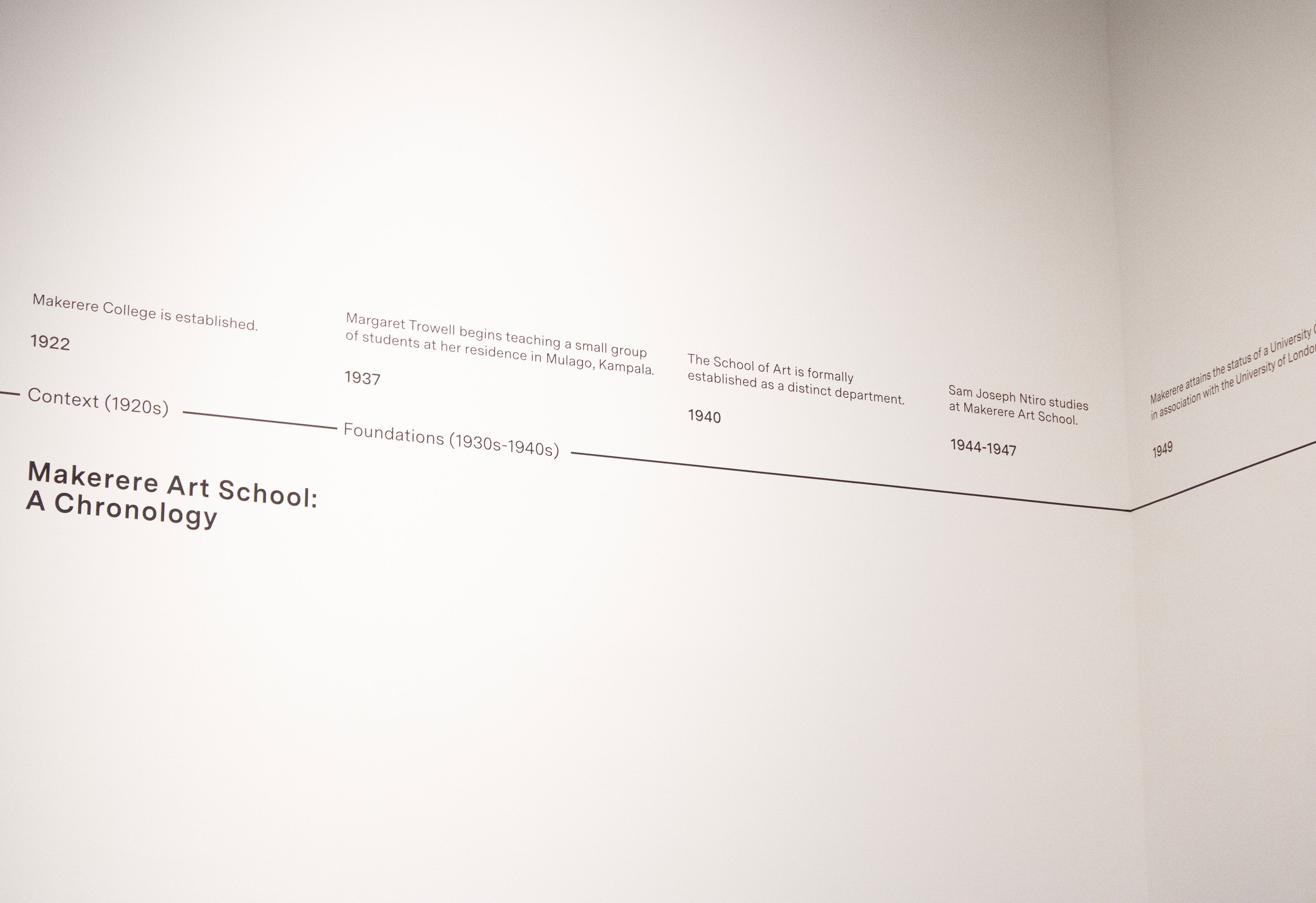 A wall display showing a timeline titled "Makerere Art School: A Chronology" with key historical dates and events.