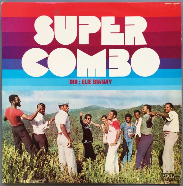 Album cover for Super Combo showing a band of Black men in a tropical landscape, with the title in large white letters over a multi-colored striped background.