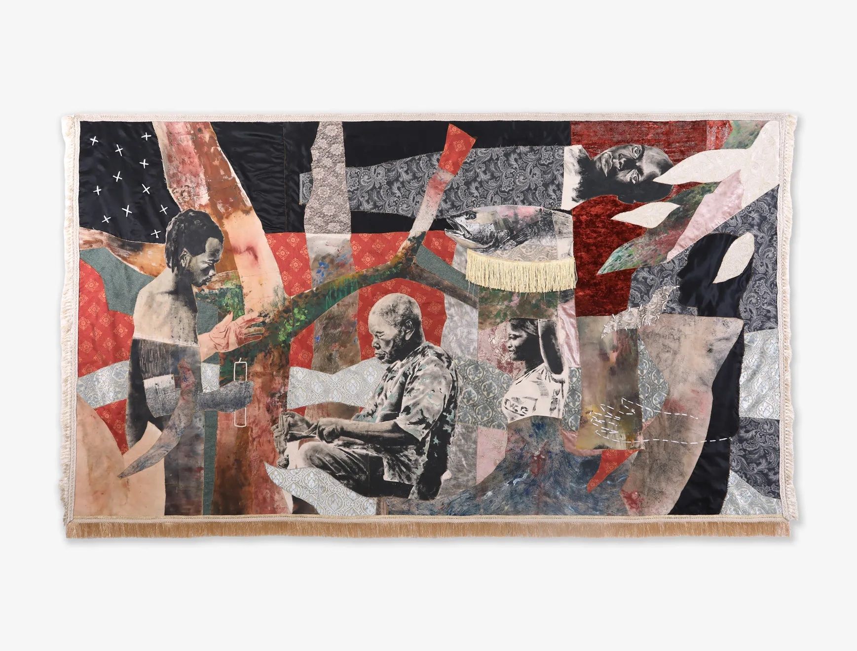 A rectangular mixed-media textile collage featuring black and white figures of a young person and an older man, integrated into a patchwork of diverse patterned fabrics and abstract shapes in reds, blacks, and muted tones.