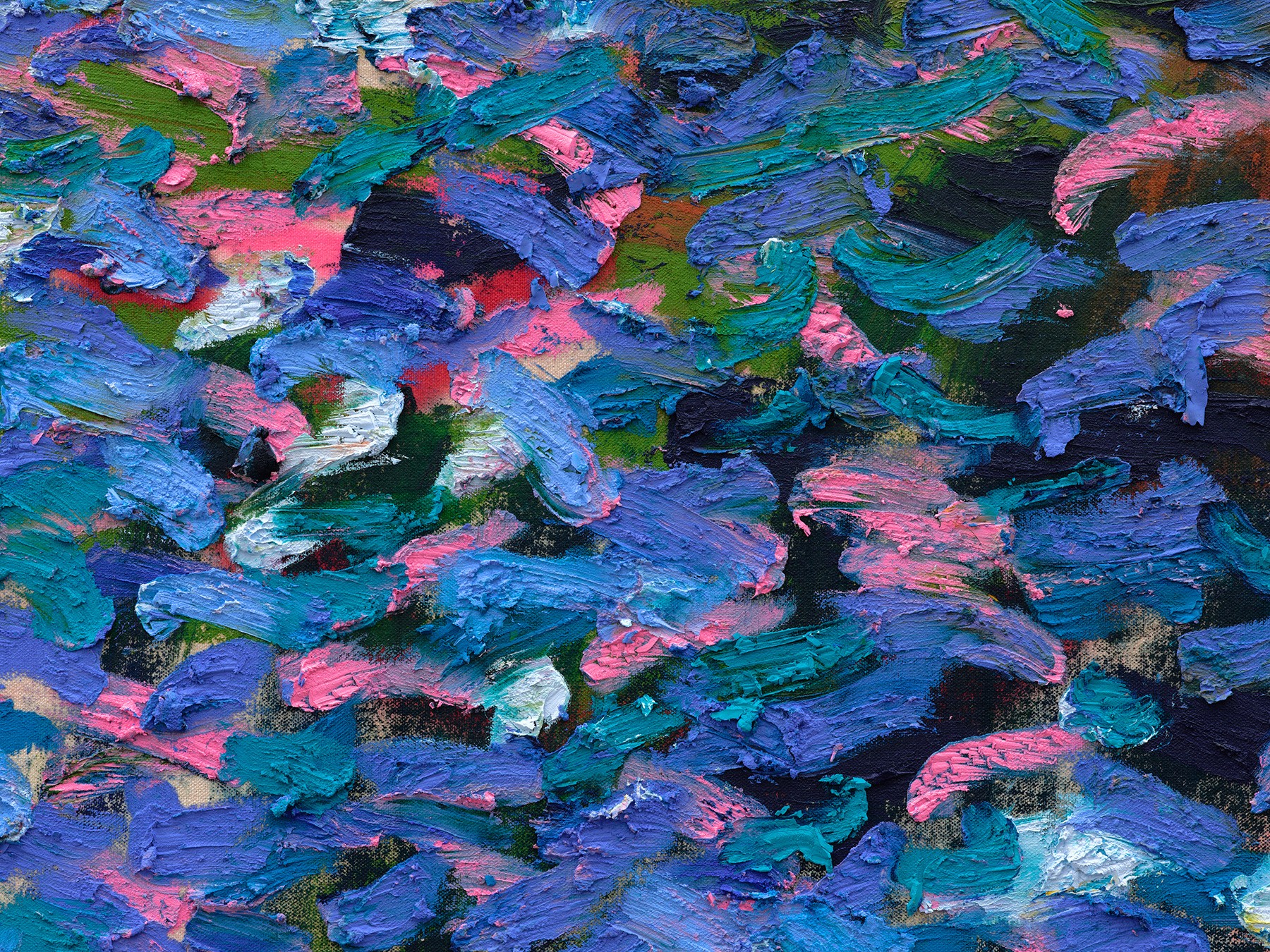 Abstract painting with thick, textured brushstrokes in shades of blue, pink, and green.