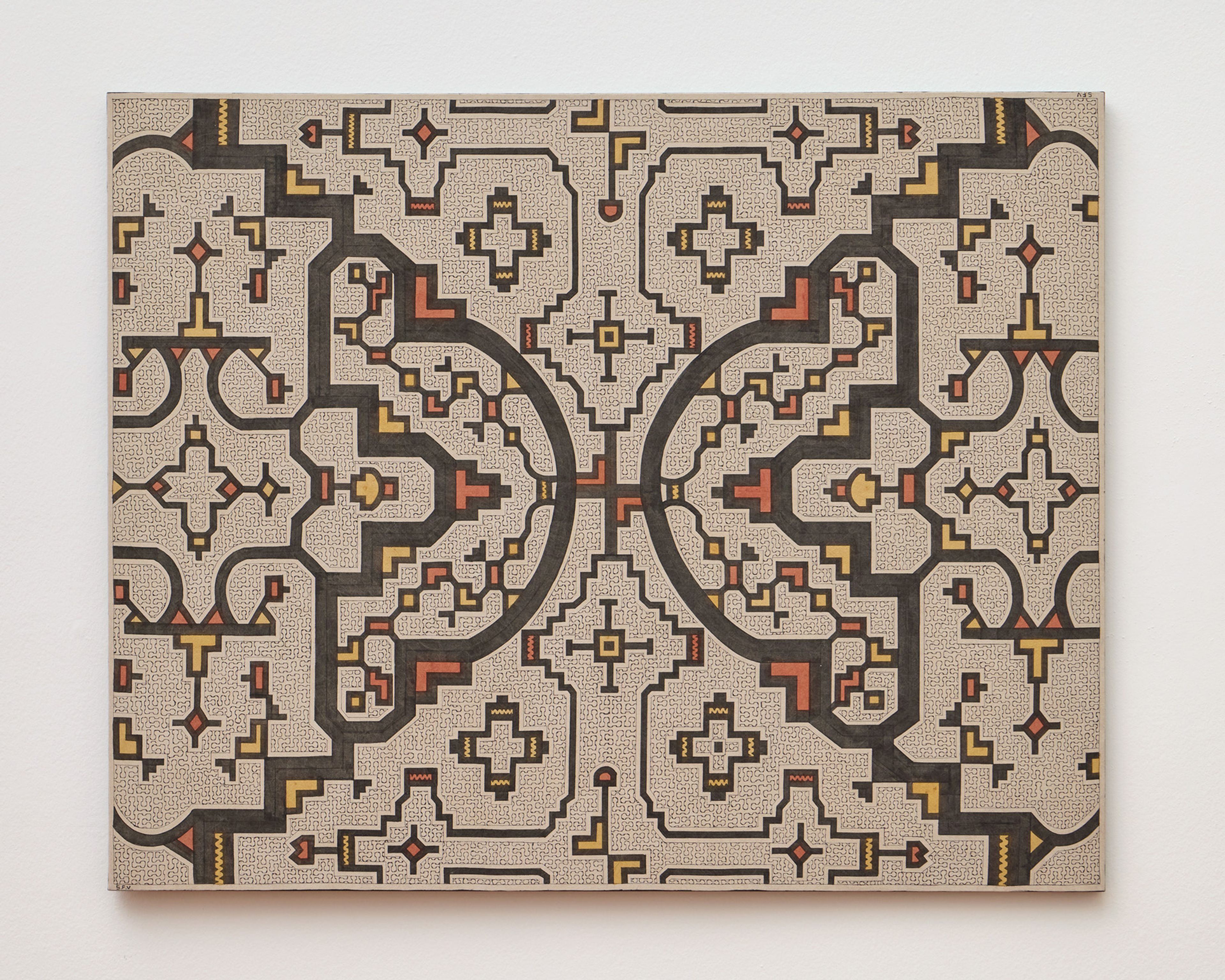 An intricate, symmetrical geometric pattern in dark gray, red-orange, and yellow on a textured beige canvas.
