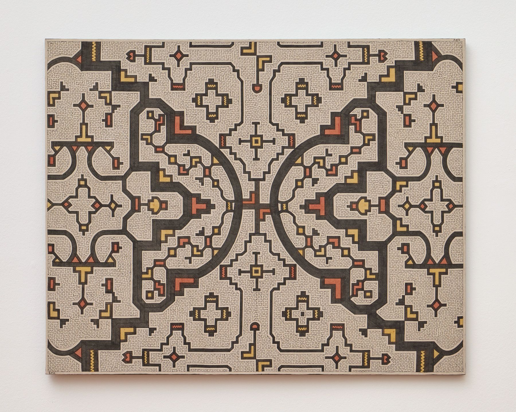 An intricate, symmetrical geometric pattern in dark gray, red-orange, and yellow on a textured beige canvas.