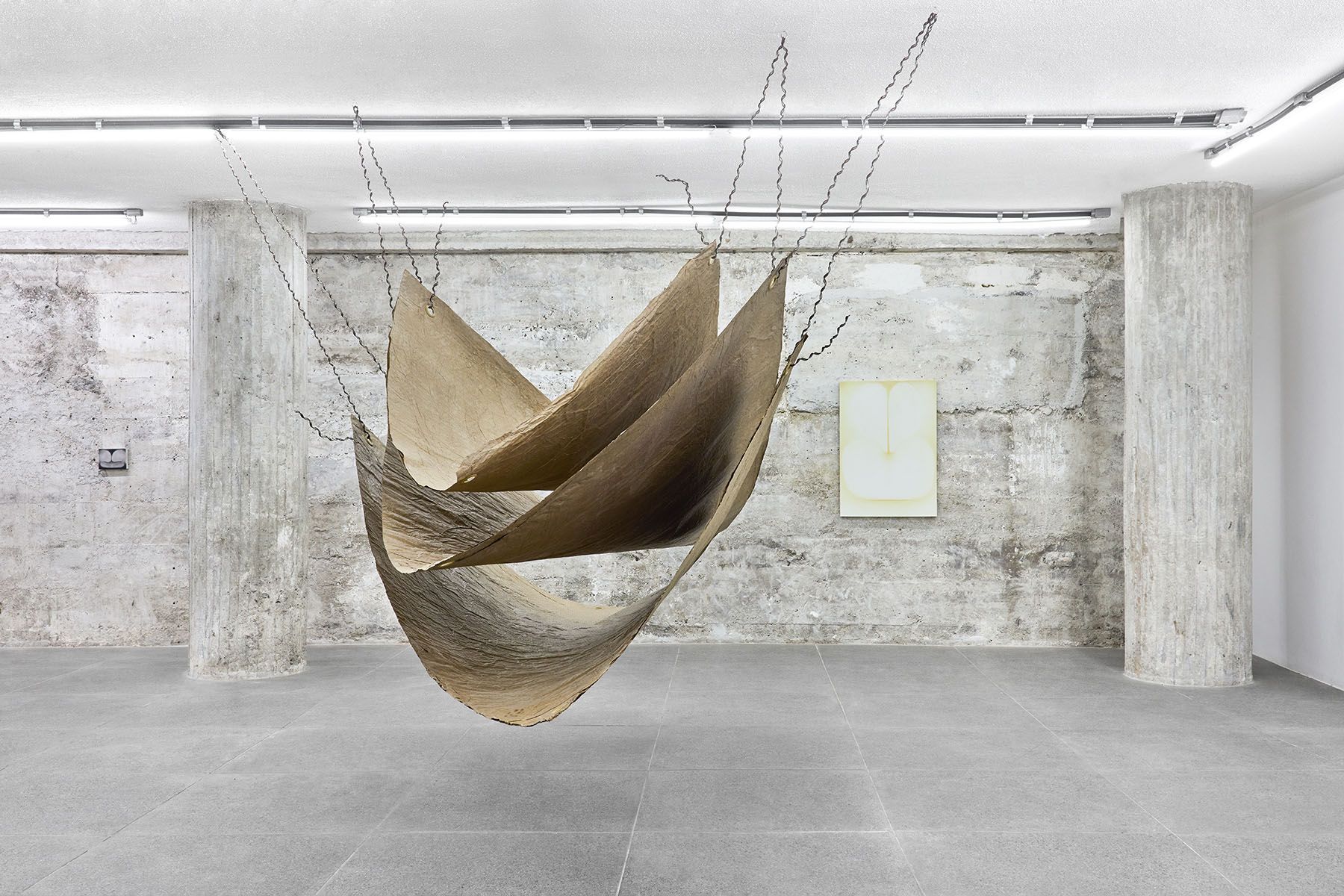 A sculpture of multiple curved, dried plant forms in earthy tones hangs suspended in a stark concrete gallery space, with a light-colored abstract painting on the back wall.