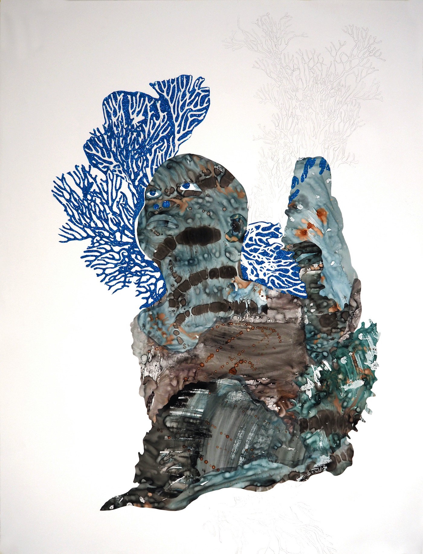 Florine Démosthène, Before the Conflict, 2019. Collage on paper (ink, mylar, graphite and glitter) 38 x 50 Inches. Courtesy Mariane Ibrahim Gallery.