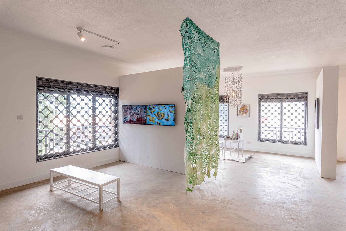 Tracy Naa Koshie Thompson, Blue: A noodles Substrate Microtopography, 2023, video installation and Blue noodles, 2021, noodles, 205 x 105 cm at Silent Invasions: The Art of Material Hacking. Photo: Atiko Anthony