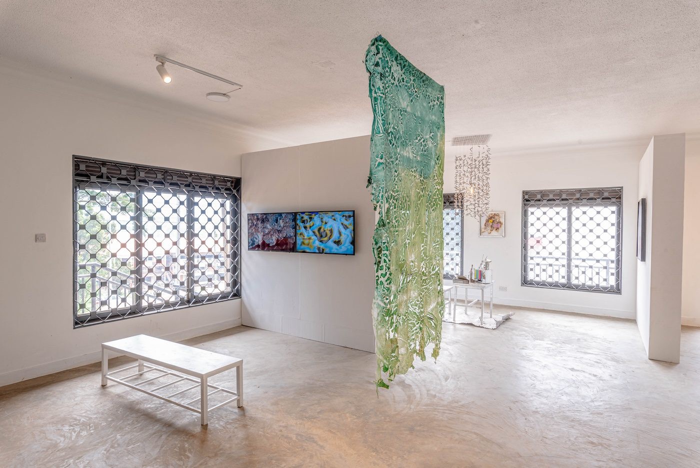 Tracy Naa Koshie Thompson, Blue: A noodles Substrate Microtopography, 2023, video installation and Blue noodles, 2021, noodles, 205 x 105 cm at Silent Invasions: The Art of Material Hacking. Photo: Atiko Anthony