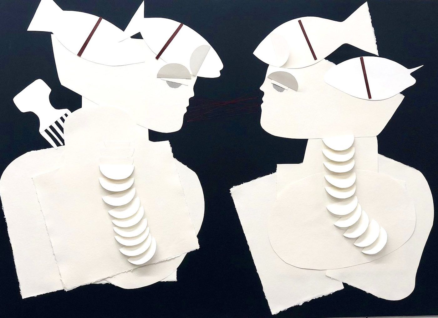 Maliza Kiasuwa, Intersection 1. 202340 x 27.5 in. Paper and thread. Courtesy of the artist and Morton Fine Art.