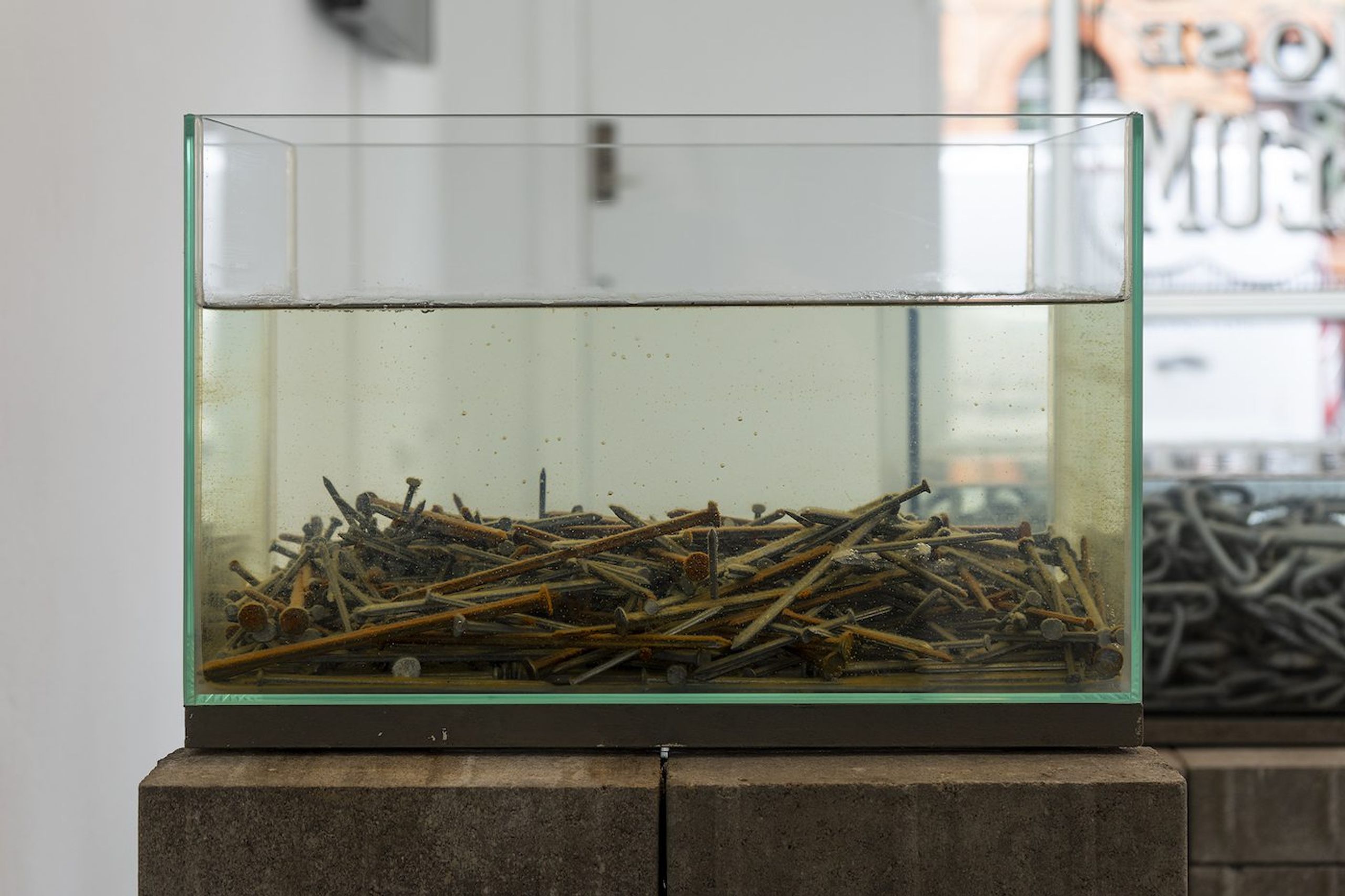 Detail from Black Noise #4 (installation of aquariums, sea water, iron, metal, steel, stones with sound). Photo by Lena Bergendahl.