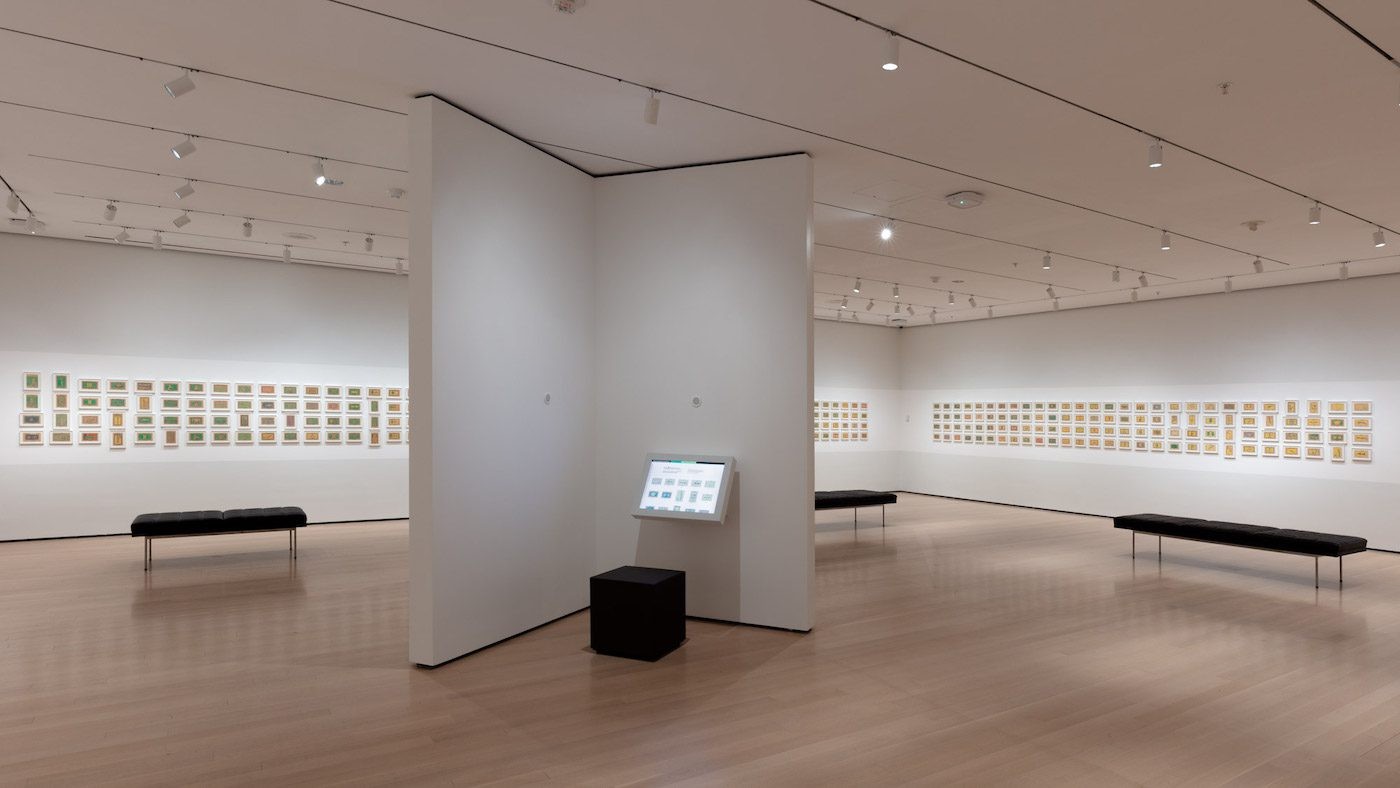 Installation view of Frédéric Bruly Bouabré: World Unbound, The Museum of Modern Art, New York, March 13, 2022 – August 13, 2022. © 2022 The Museum of Modern Art. Photo: Robert Gerhardt