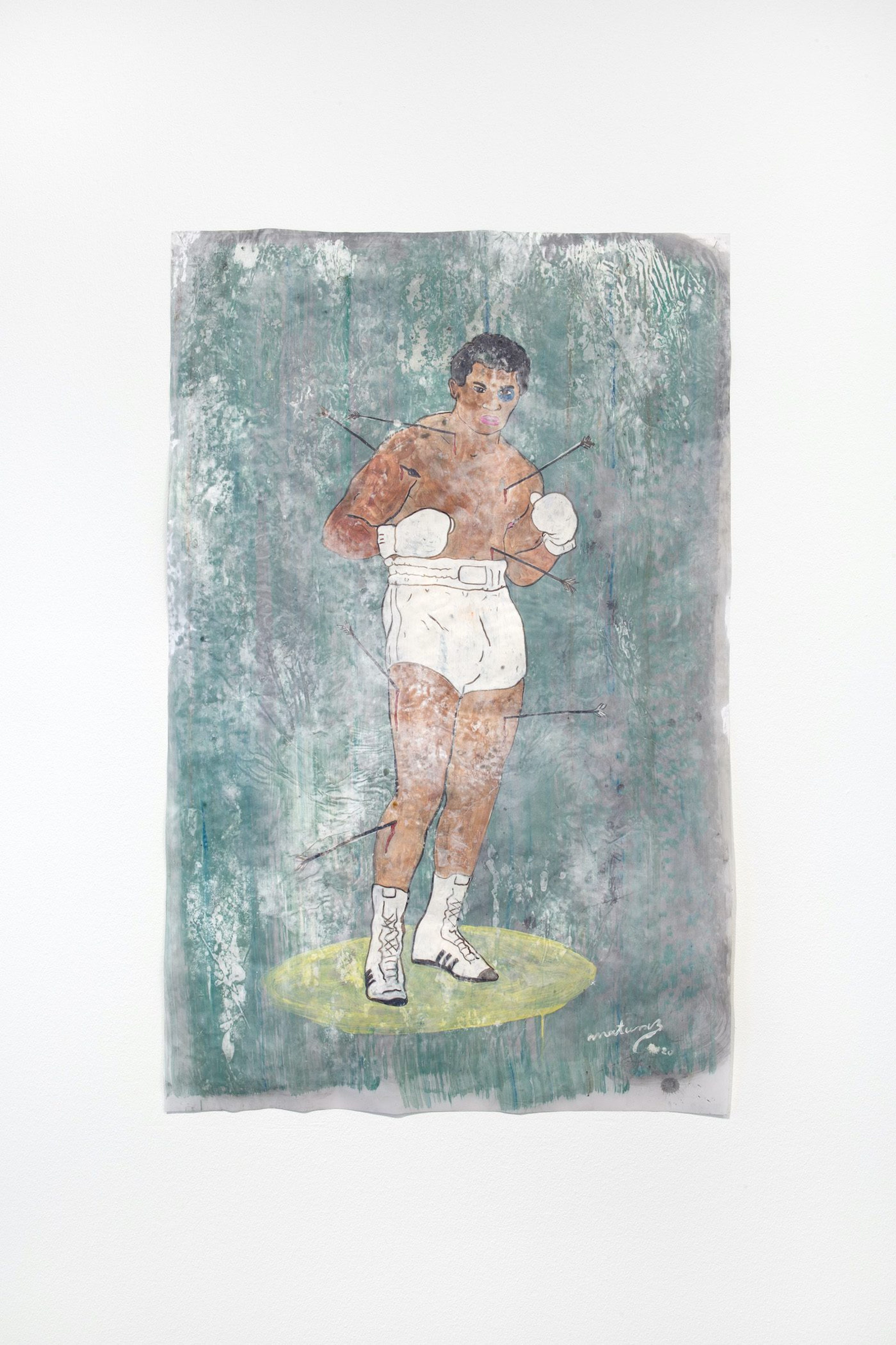 James Gregory Atkinson, Frohe Zuversicht (Detail), 2021, video, painting Kai Matussik, St. CG Hommage an Charly Graf, der deutsche Mohamed Ali (2020), installation view ‘6 Friedberg-Chicago’ Dortmunder Kunstverein, 2021/22. Courtesy: the artist, Kai Matussik, Dortmunder Kunstverein. Photo: Jens Franke