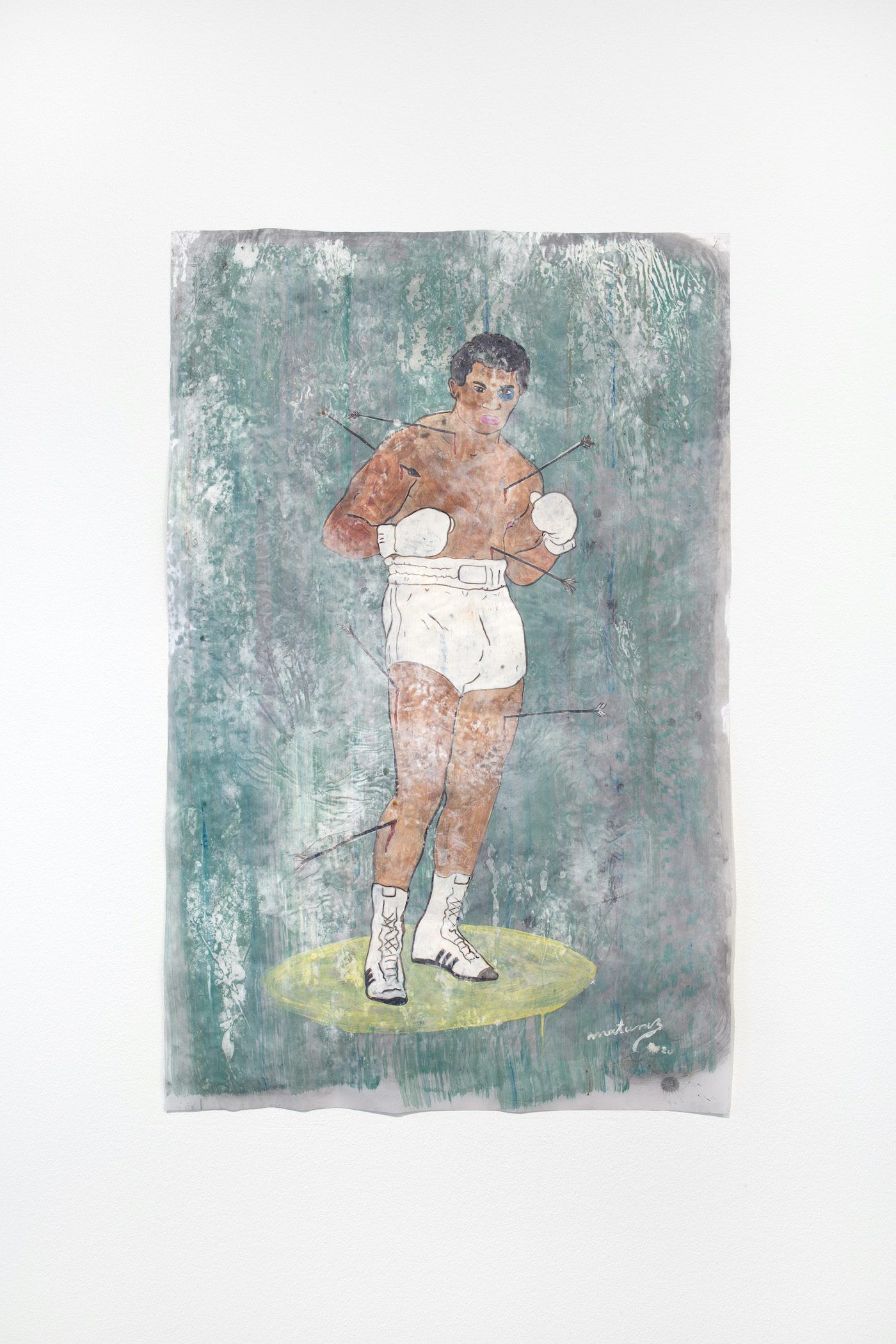 James Gregory Atkinson, Frohe Zuversicht (Detail), 2021, video, painting Kai Matussik, St. CG Hommage an Charly Graf, der deutsche Mohamed Ali (2020), installation view ‘6 Friedberg-Chicago’ Dortmunder Kunstverein, 2021/22. Courtesy: the artist, Kai Matussik, Dortmunder Kunstverein. Photo: Jens Franke