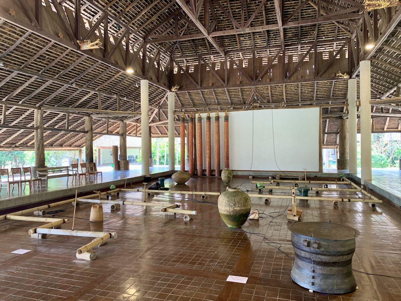 Tarek Atoui, The Wind Harvesters, 2023. Inspired by the water irrigation systems of rice fields, this sound installation is made of bamboo sections into which traditional wind instruments of the Akha and Lisu were mounted and tuned. Photo: C&amp;