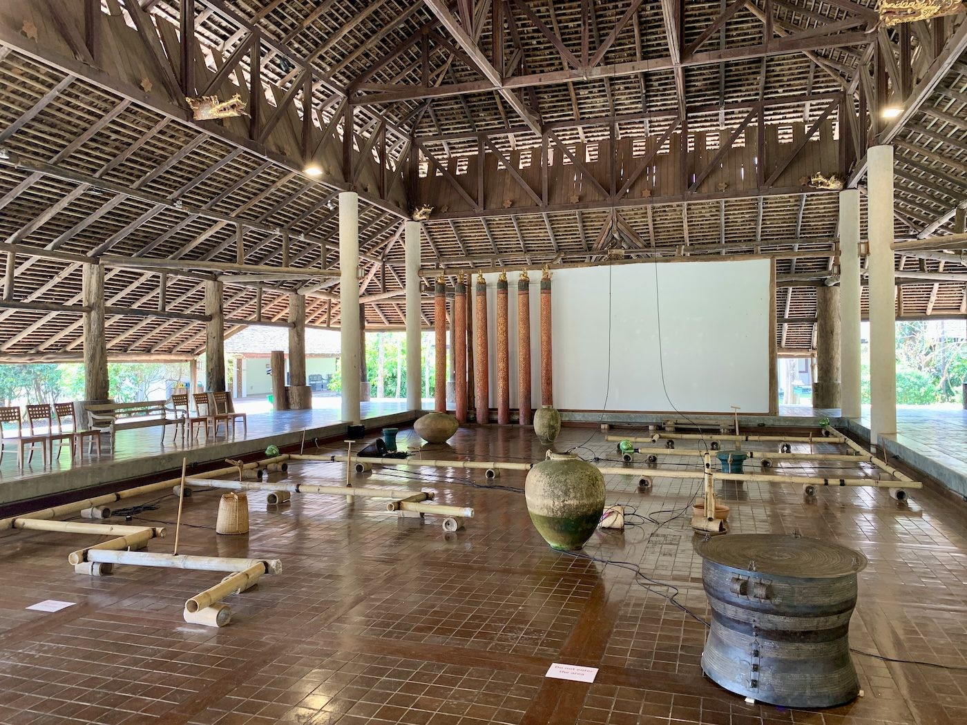 Tarek Atoui, The Wind Harvesters, 2023. Inspired by the water irrigation systems of rice fields, this sound installation is made of bamboo sections into which traditional wind instruments of the Akha and Lisu were mounted and tuned. Photo: C&