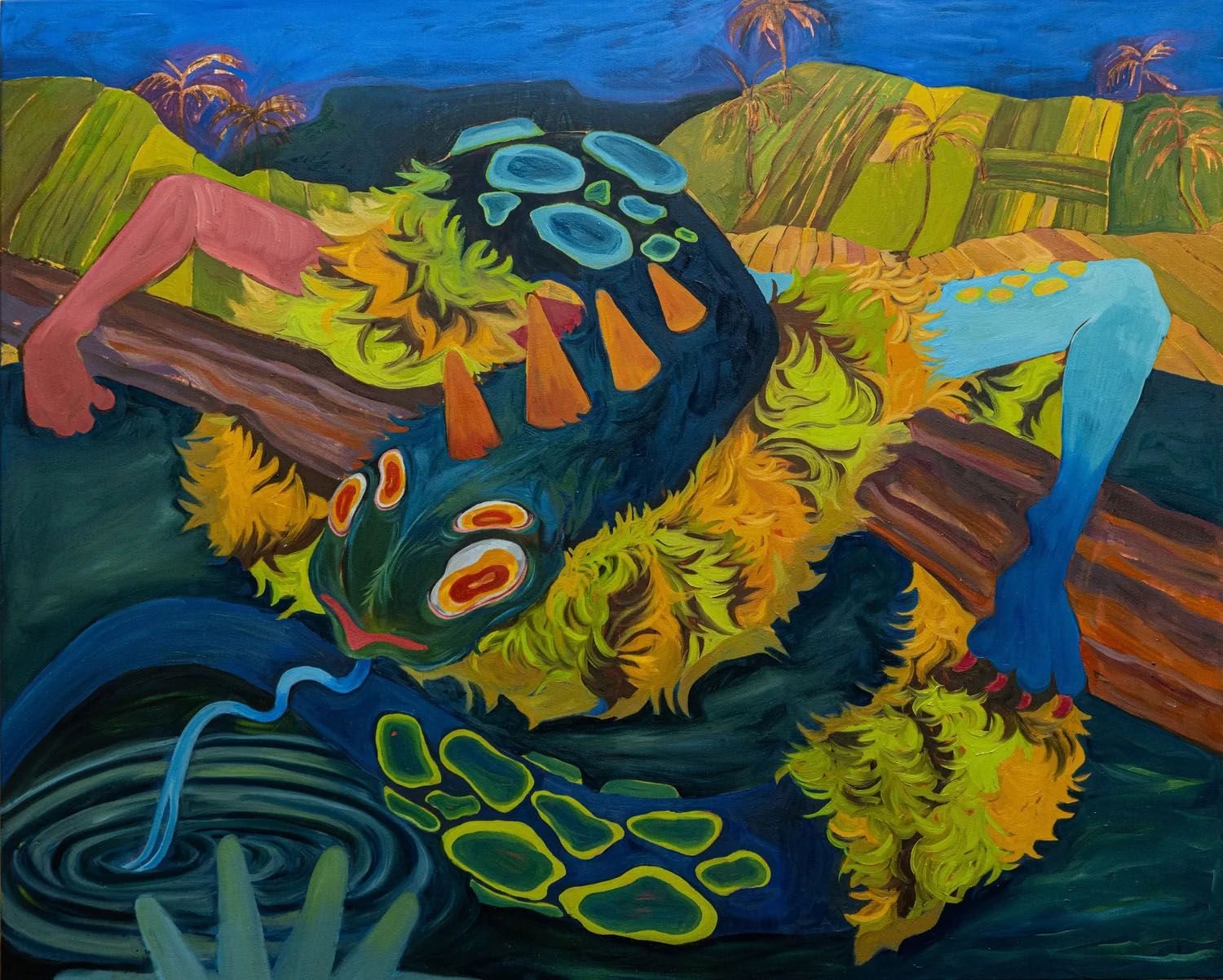 Vibrant, surreal painting of a fuzzy, multi-limbed creature with a long tongue in water, resting on a log in a tropical landscape.