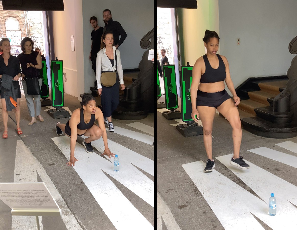 Susana Pilar, “Warming up,” 2022, video documentation of the performance from June 10, 2022, color, sound, 9′03′′, video still. Photo: Axel Stockburger.