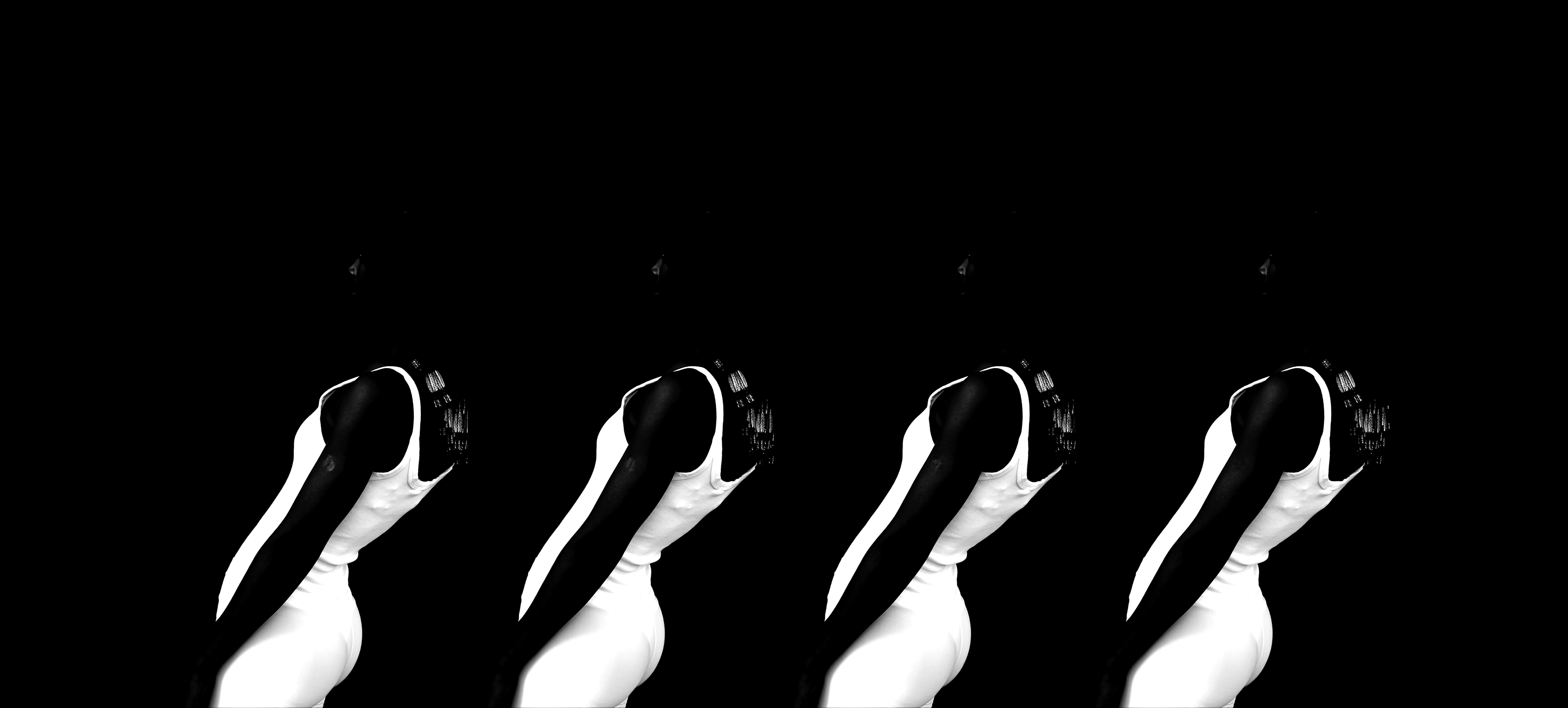 Four identical dark-skinned figures in white sleeveless tops, heads out of frame, against a black background.