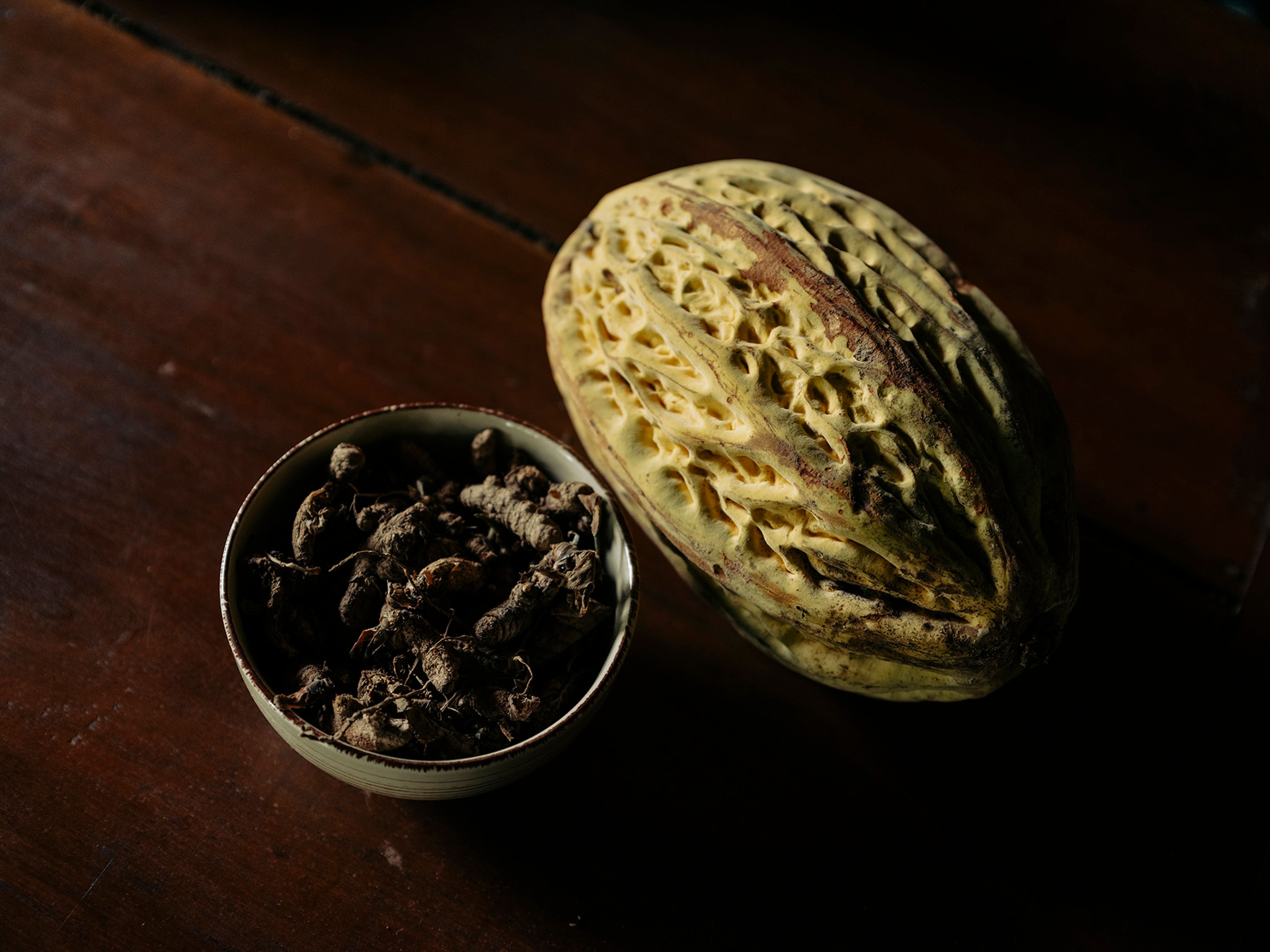 A yellow-green cacao pod and a bowl of dark, knobby roots on a wooden surface.