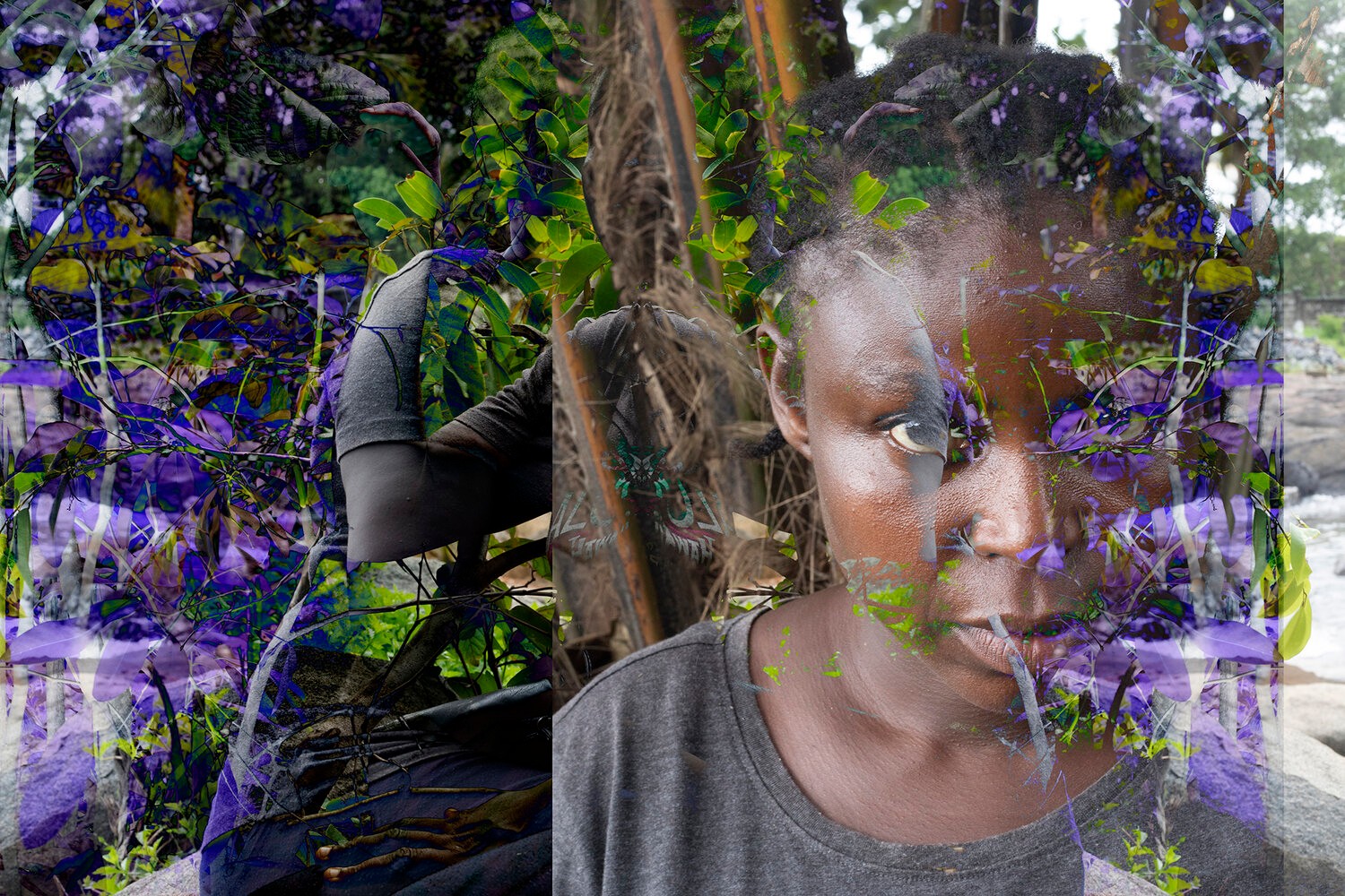 Artistic double exposure of a person with dark skin, their face partially obscured by vibrant green and purple foliage.