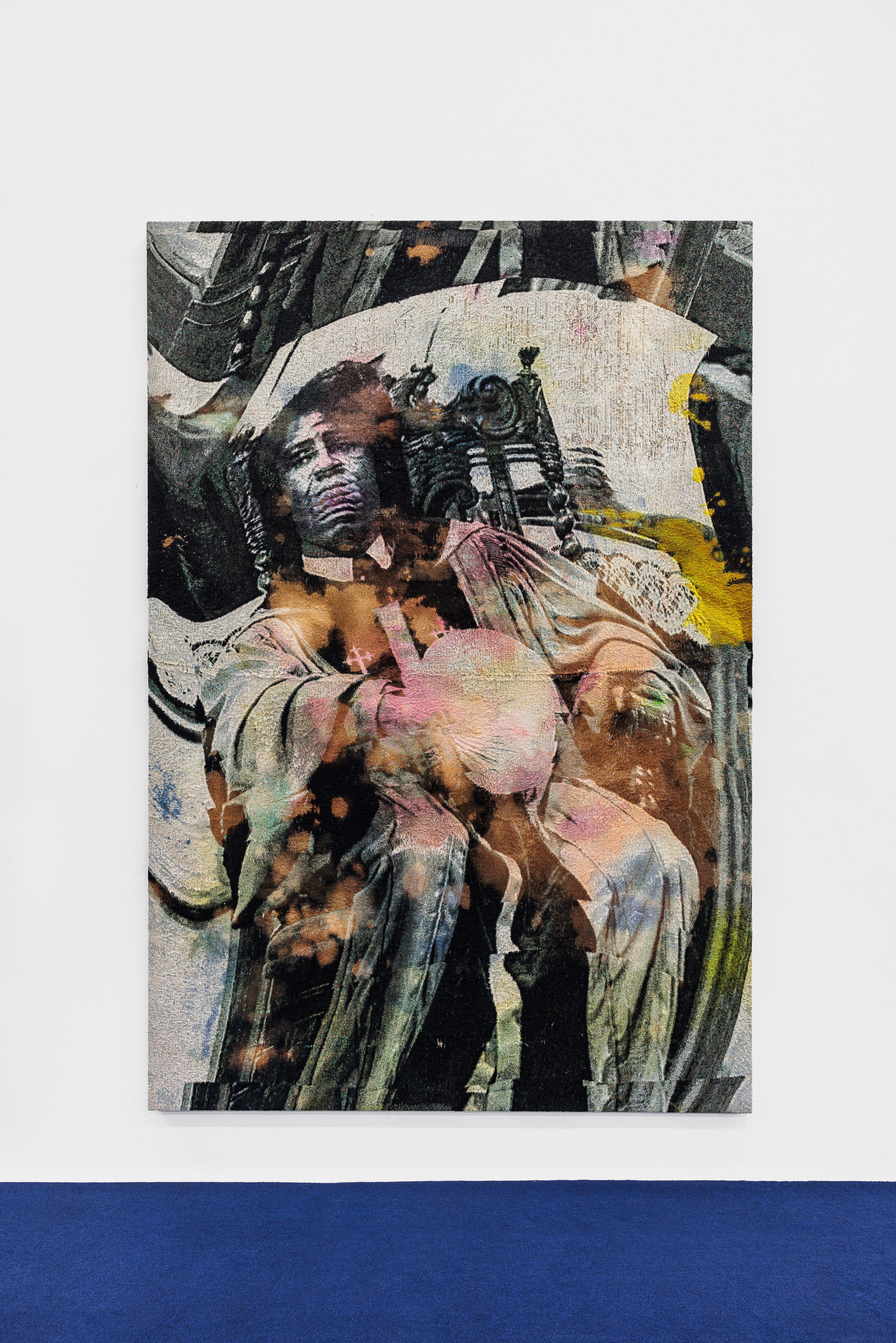 A mixed media portrait of a somber Black man seated on an ornate chair, featuring layered textures and splashes of color.