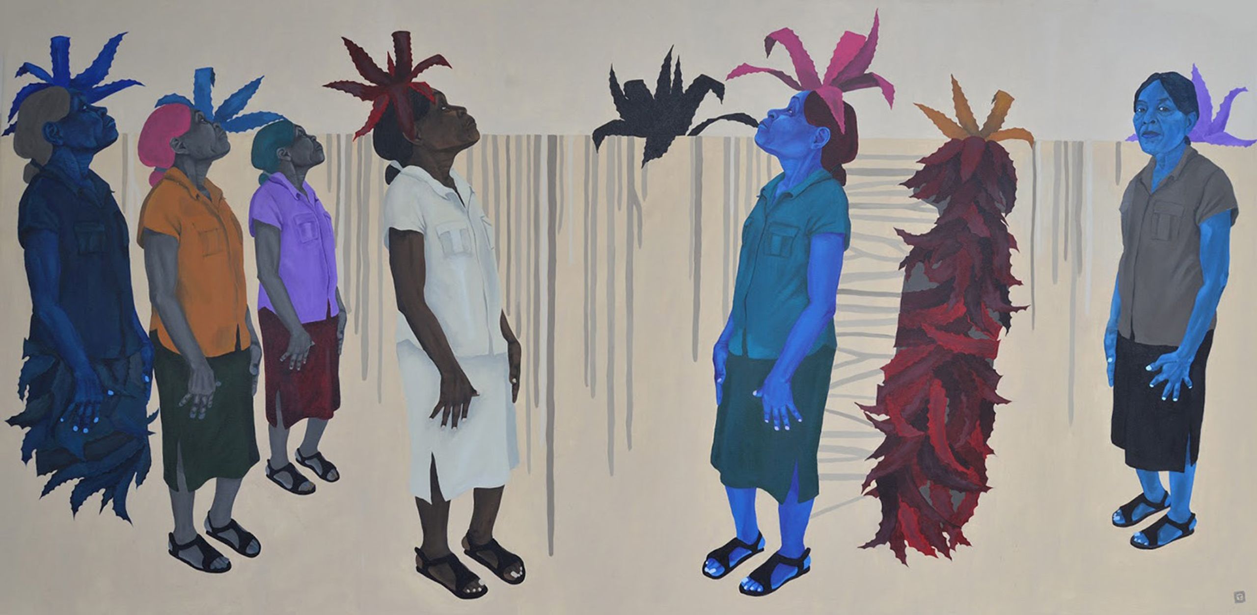 Tessa Mars, Nou la ansanm (We Are Together), acrylic on canvas, 4 ft x 8 ft, 2019. Photo: Erik López