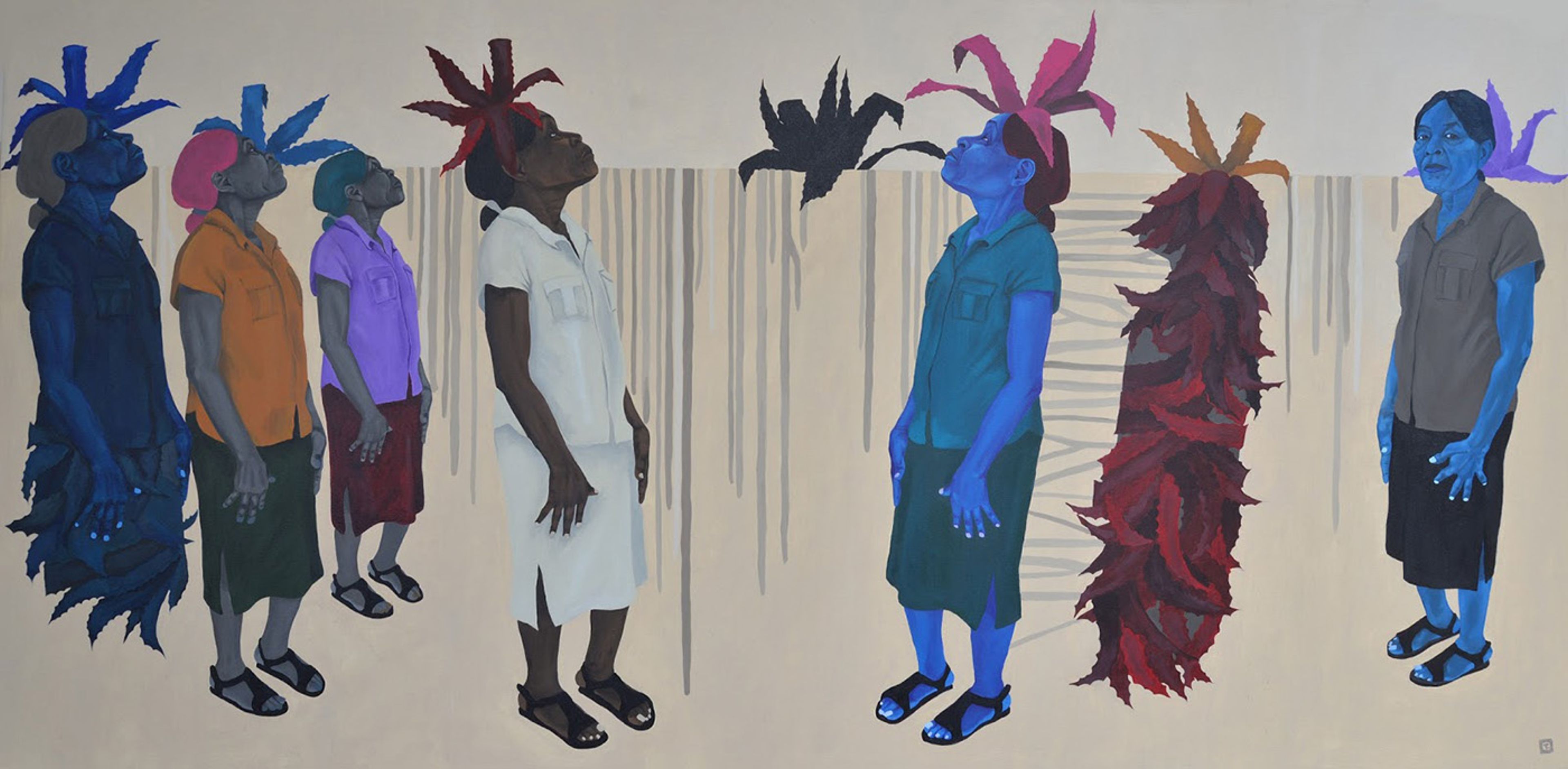 Tessa Mars, Nou la ansanm (We Are Together), acrylic on canvas, 4 ft x 8 ft, 2019. Photo: Erik López