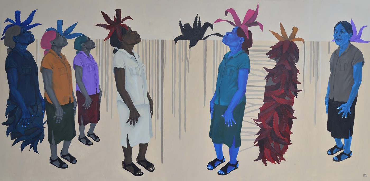 Tessa Mars, Nou la ansanm (We Are Together), acrylic on canvas, 4 ft x 8 ft, 2019. Photo: Erik López