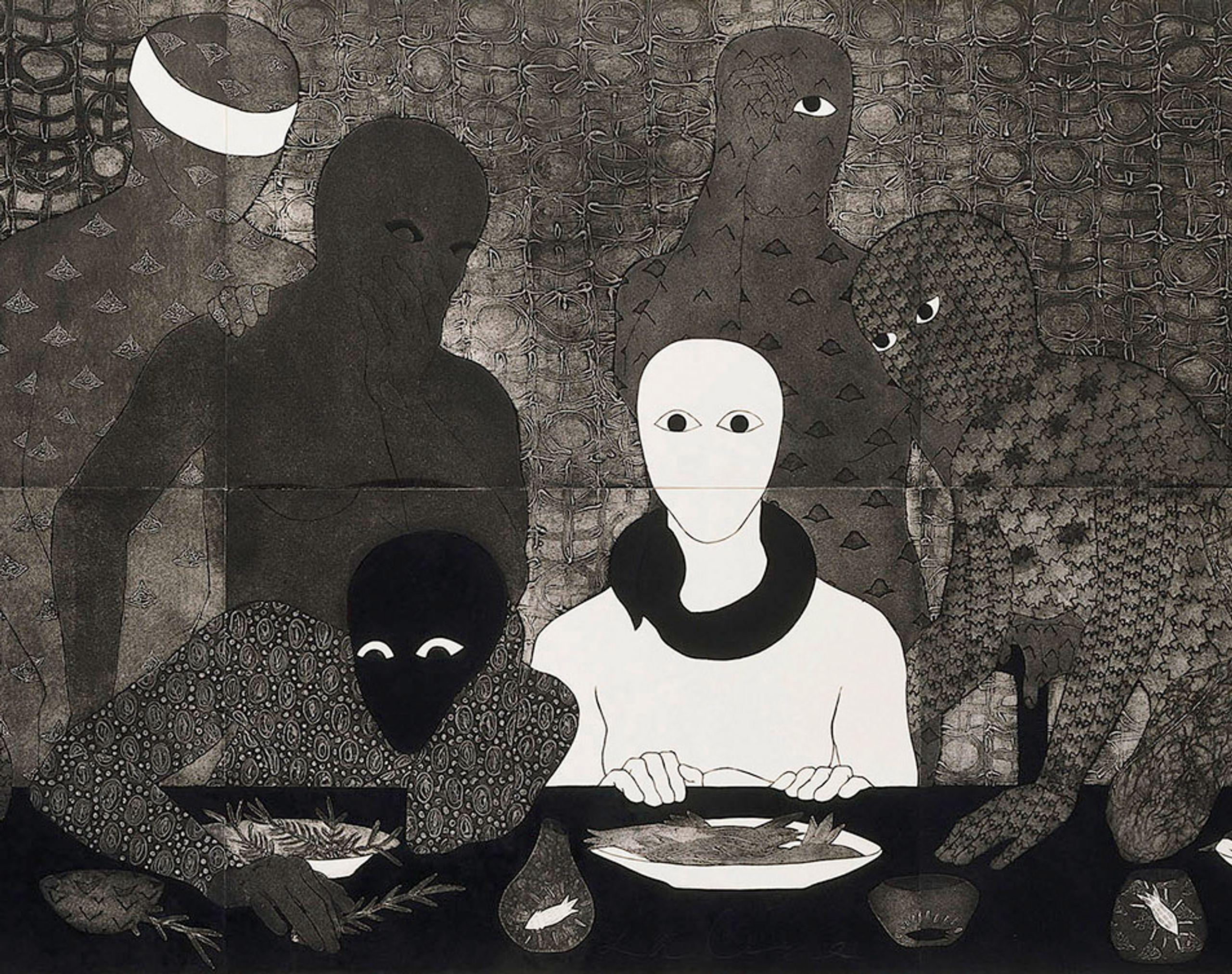 Black and white artwork of a pale, minimalist figure with eyes seated at a dinner table, surrounded by five dark, patterned, and stylized figures.