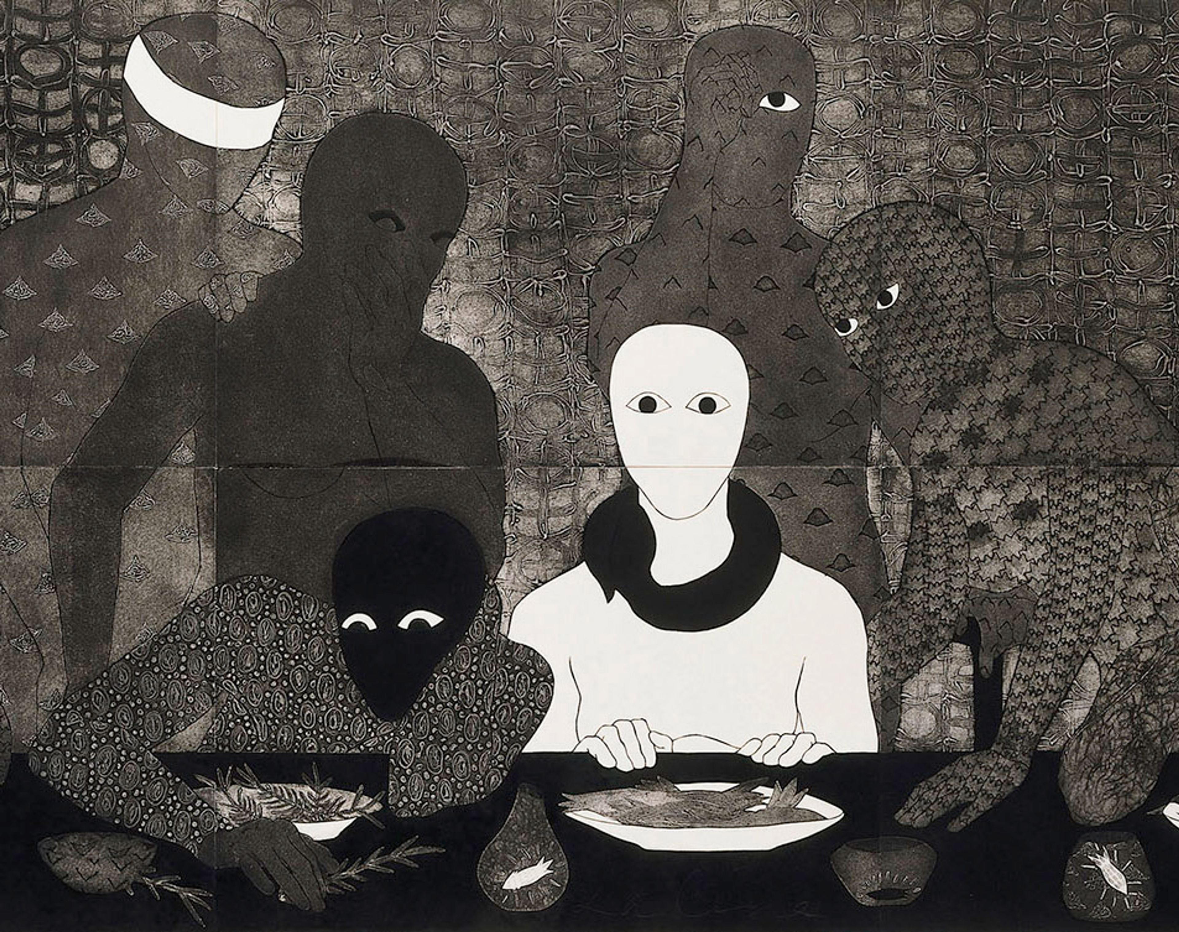 Black and white artwork of a pale, minimalist figure with eyes seated at a dinner table, surrounded by five dark, patterned, and stylized figures.