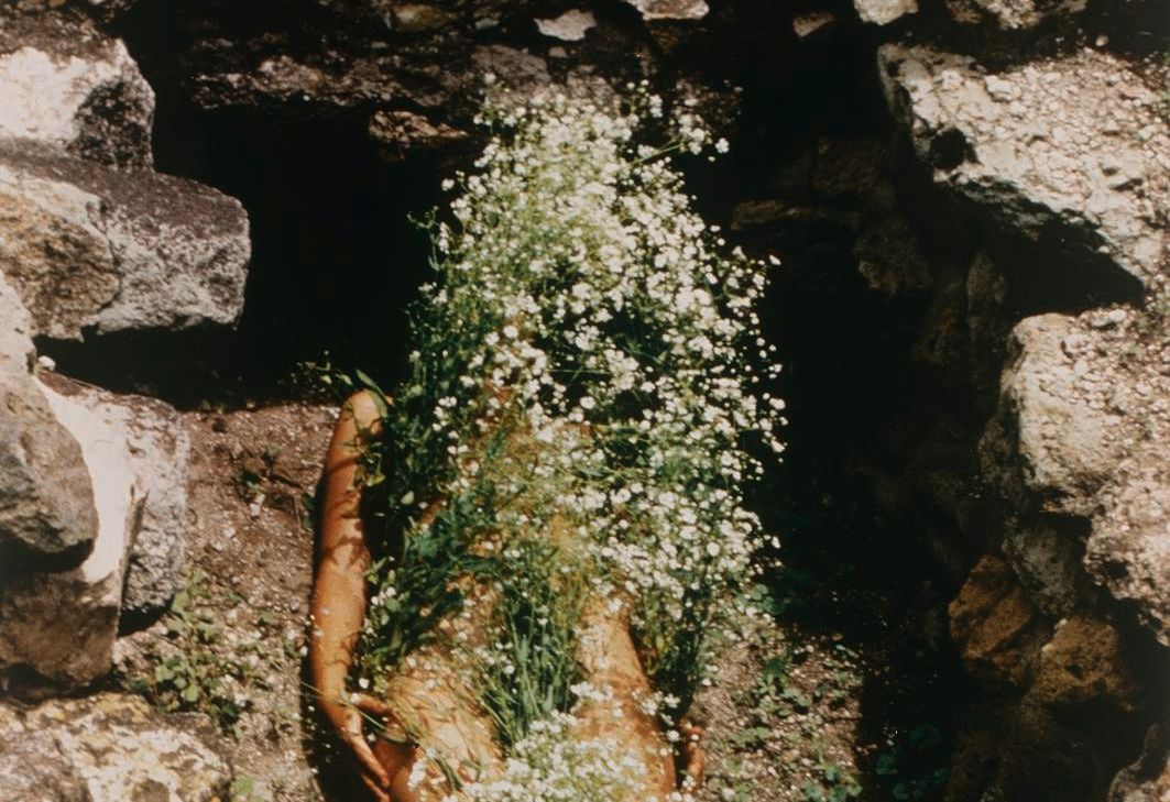 A body covered in white flowers lies on rocky ground.