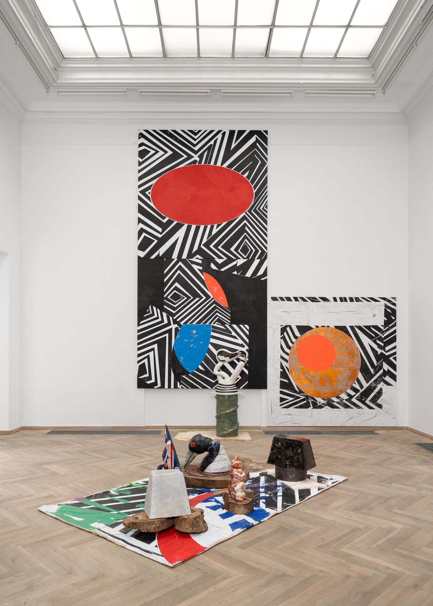 Brook Andrew, Ngaay Ngajuu Dhugul Birra (To See My Skin Broken), 2022. Seeing time X, 2021. Seeing time XI, 2021. Seeing time XII, 2021. Muraymin 2, 2022. Gaban, 2022. Installation view, Seeds and Souls, Kunsthal Charlottenborg, 2023. Courtesy of the artist and Galerie Nathalie Obadia, Paris/Bruxelles. Photo by David Stjernholm.