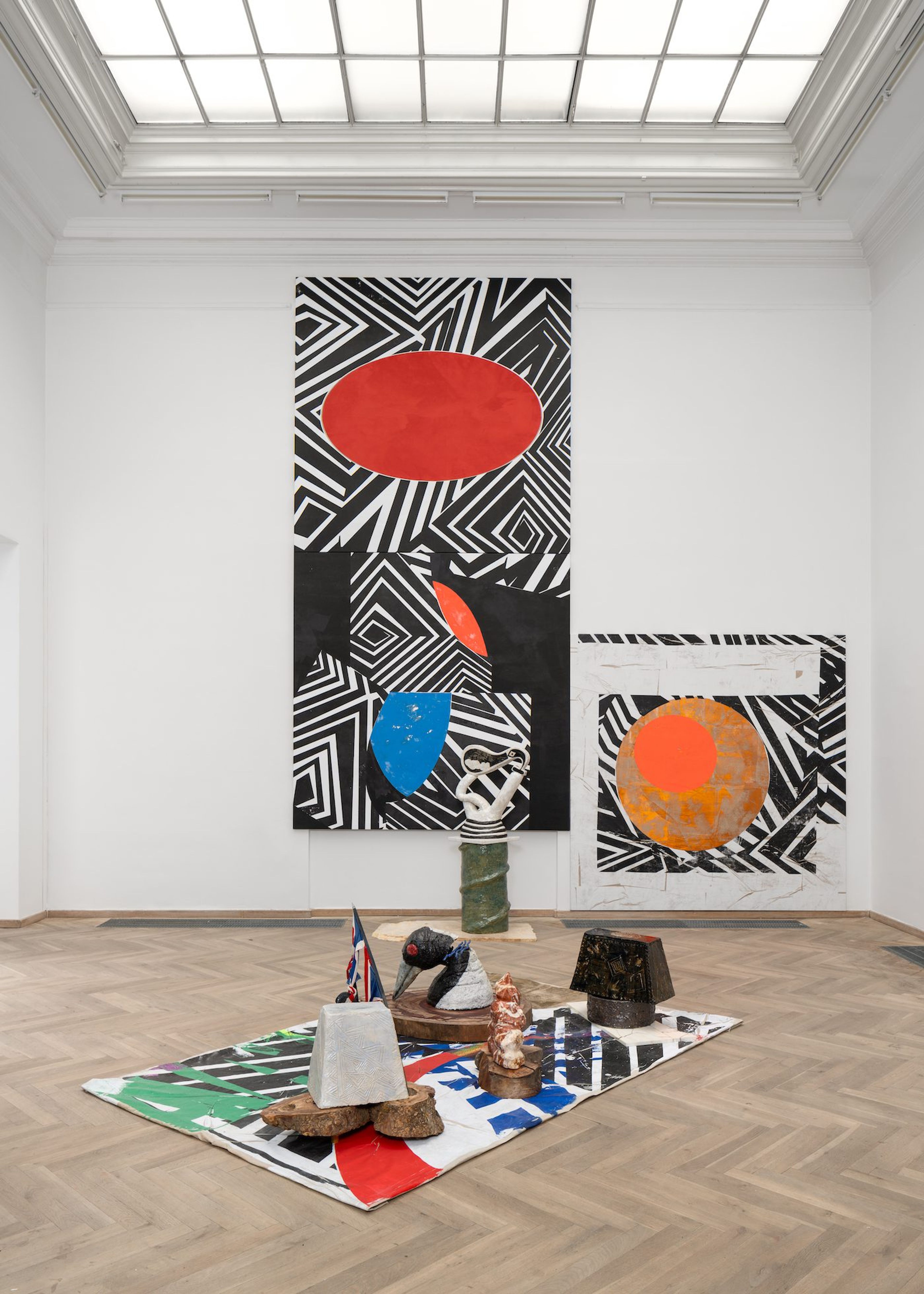 Brook Andrew, Ngaay Ngajuu Dhugul Birra (To See My Skin Broken), 2022. Seeing time X, 2021. Seeing time XI, 2021. Seeing time XII, 2021. Muraymin 2, 2022. Gaban, 2022. Installation view, Seeds and Souls, Kunsthal Charlottenborg, 2023. Courtesy of the artist and Galerie Nathalie Obadia, Paris/Bruxelles. Photo by David Stjernholm.
