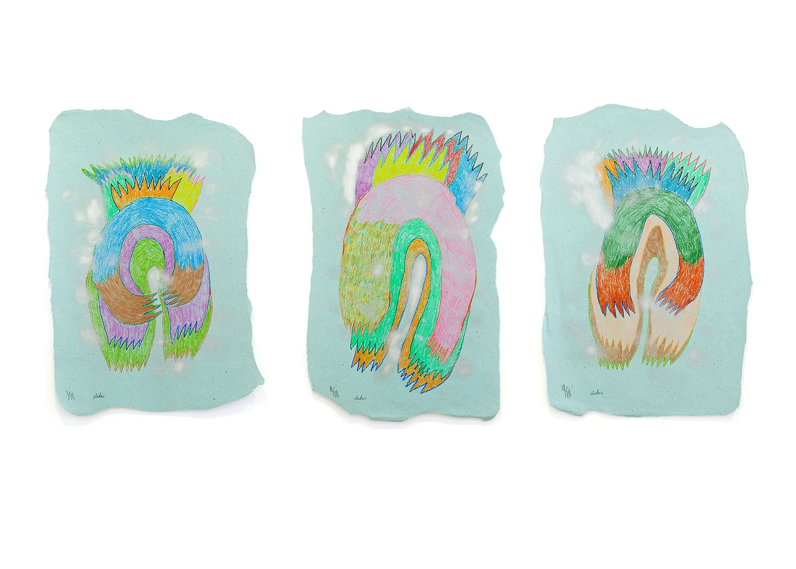 Tadáskía, Aladas (Winged). Colored pencil, crayon and spray on paper, triptych, 96x66cm (each). Courtesy of the artist.