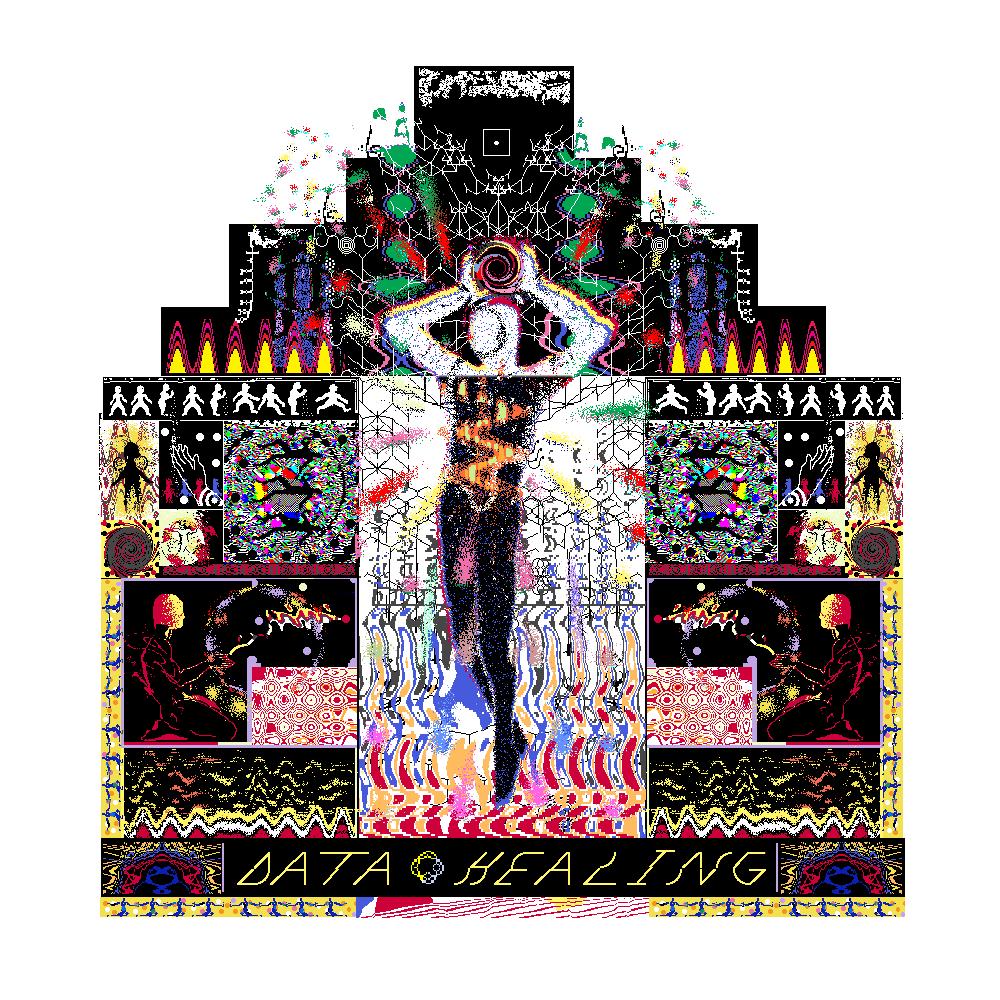 A vibrant, stepped digital collage features a central glitchy figure with a swirling head and glowing spine, surrounded by complex abstract patterns and pixelated motifs in neon colors on a black background, with "DATA HEALING" written at the bottom.