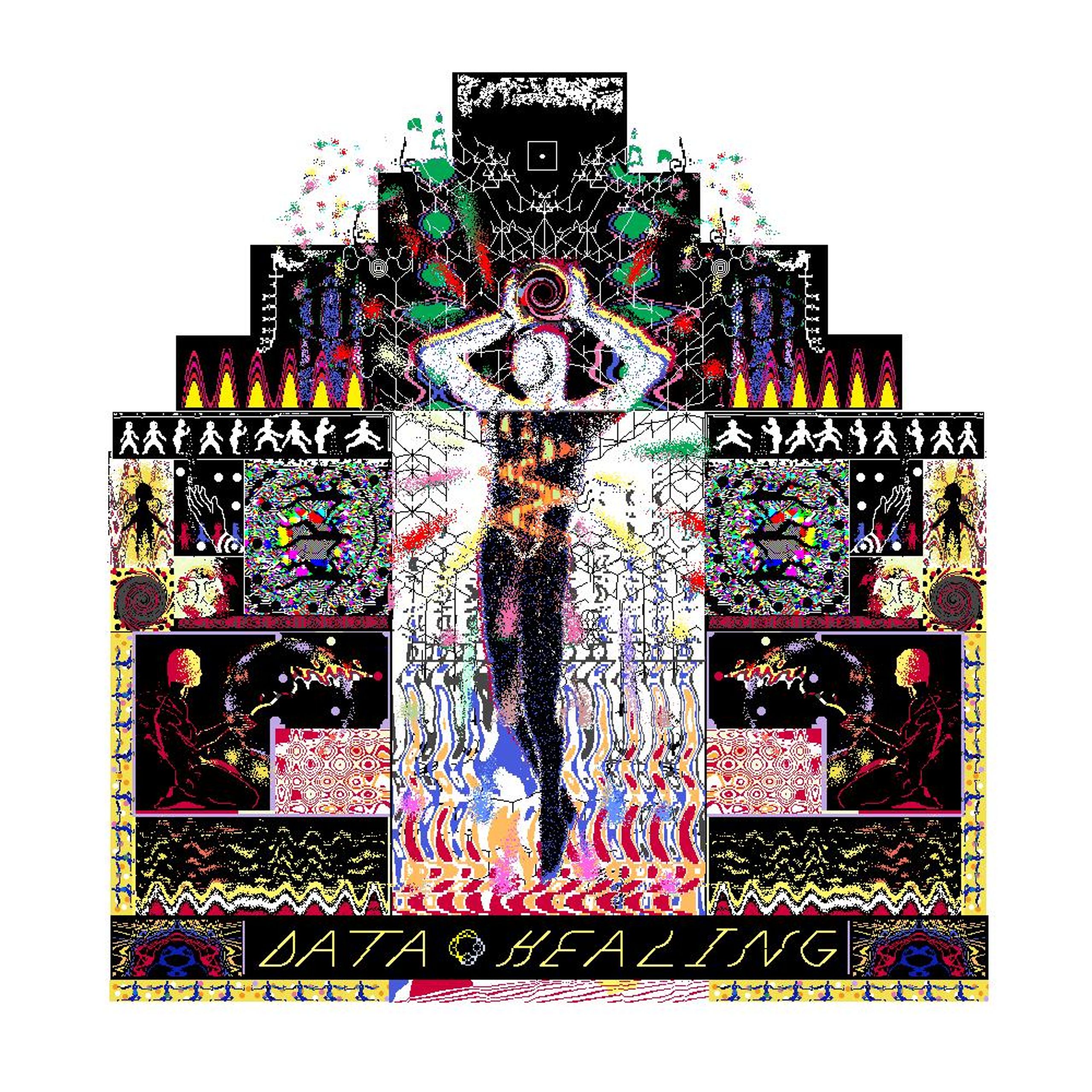 A vibrant, stepped digital collage features a central glitchy figure with a swirling head and glowing spine, surrounded by complex abstract patterns and pixelated motifs in neon colors on a black background, with "DATA HEALING" written at the bottom.