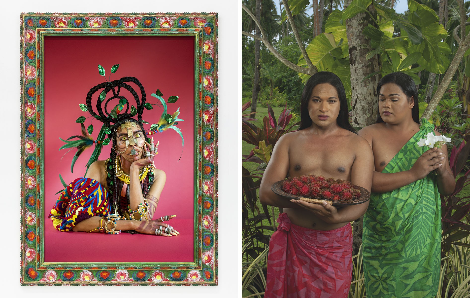 Left: Martine Gutierrez, Demons, Chin "Demon of Lust", p93 from Indigenous Woman, 2019. C-print on paper and hand-painted frame, 112 × 81,5 × 5 cm. Courtesy of the artist and Ryan Lee Gallery. Photo: Martine Gutierrez. Right: Yuki Kihara, Two Fa’afafine (After Gauguin), from the series Paradise Camp, 2020. C-print mounted behind acrylic glass, 94 x 72 cm. Courtesy Yuki Kihara e Milford Galleries. Photo: Yuki Kihara