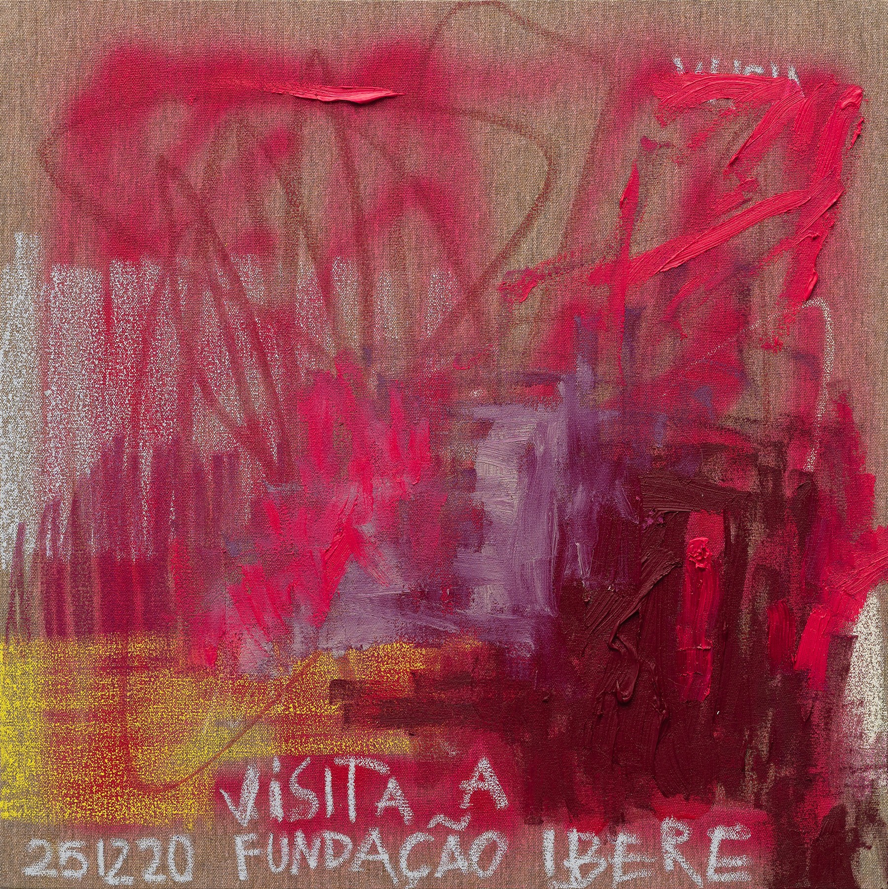 Abstract artwork with red, pink, and yellow paint over a brown background, featuring text "VISITA A FUNDAÇÃO IBERE 251220".